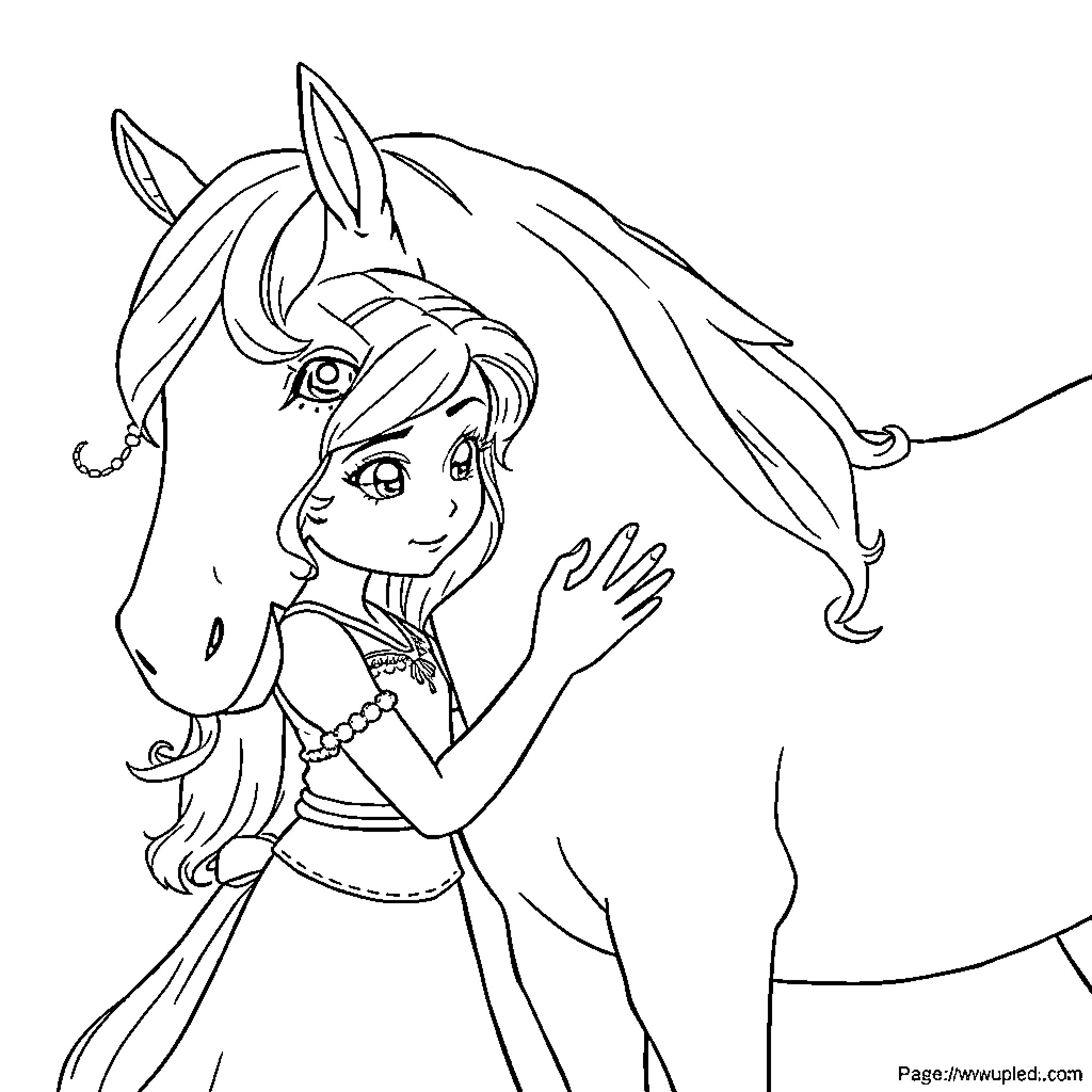Unicorn and girl in enchanting embrace Coloring Page (free black-and-white line drawing printable PDF for all, from beginners to advanced learners, including children, teens, adults, and seniors)