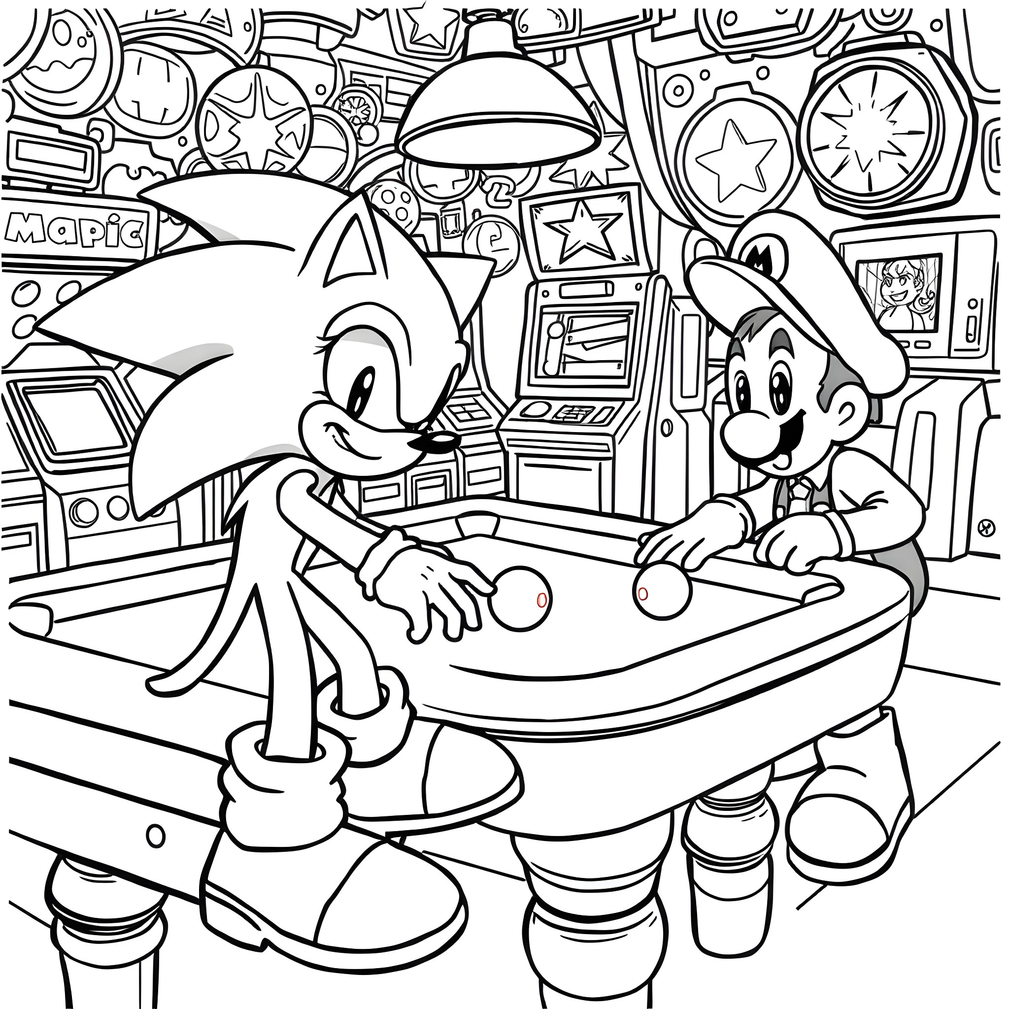 Sonic and Friends Enjoying Arcade Games Coloring Page (free black-and-white line drawing printable PDF for all, from beginners to advanced learners, including children, teens, adults, and seniors)