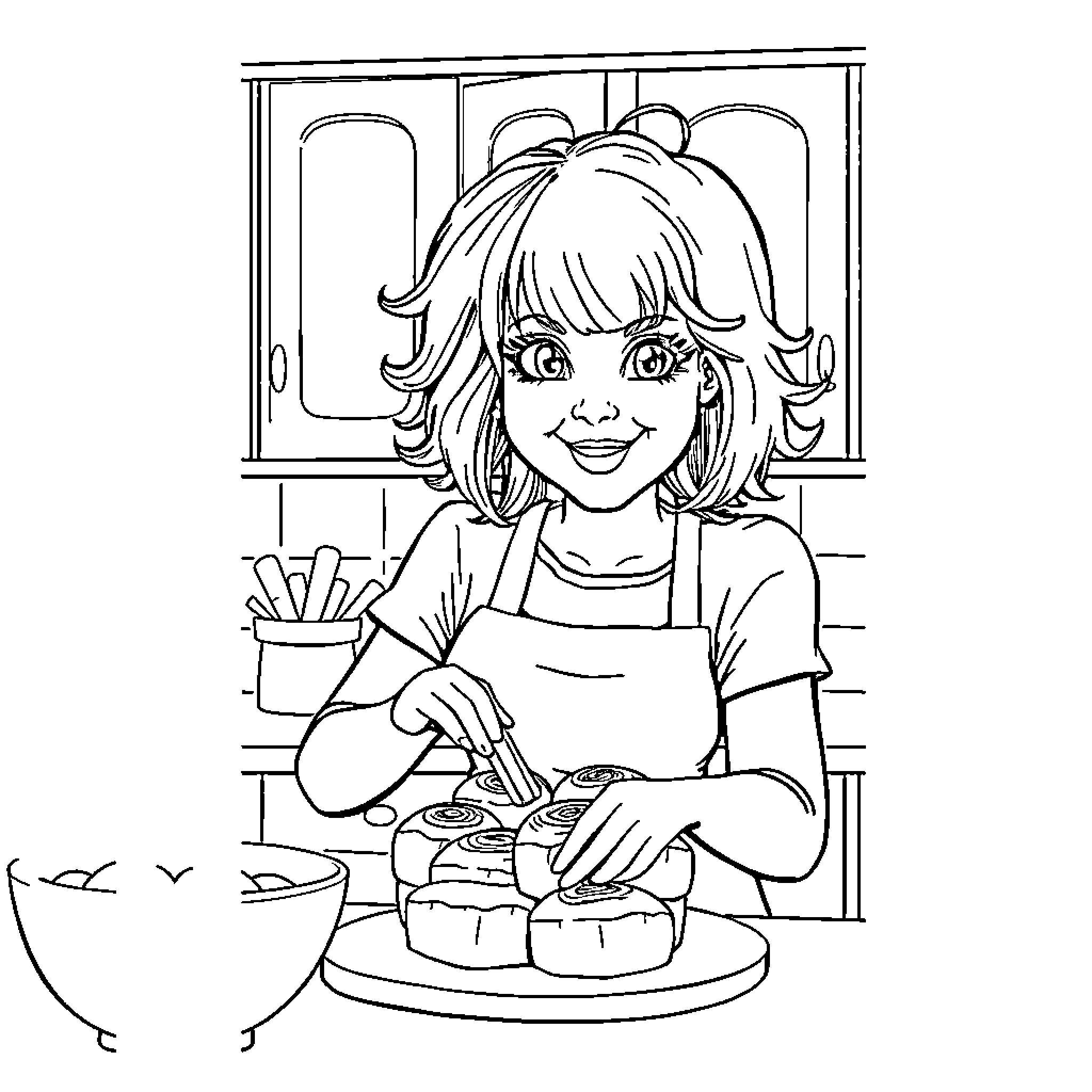 Mom Baking Delicious Treats in the Kitchen Coloring Page (free black-and-white line drawing printable PDF for all, from beginners to advanced learners, including children, teens, adults, and seniors)
