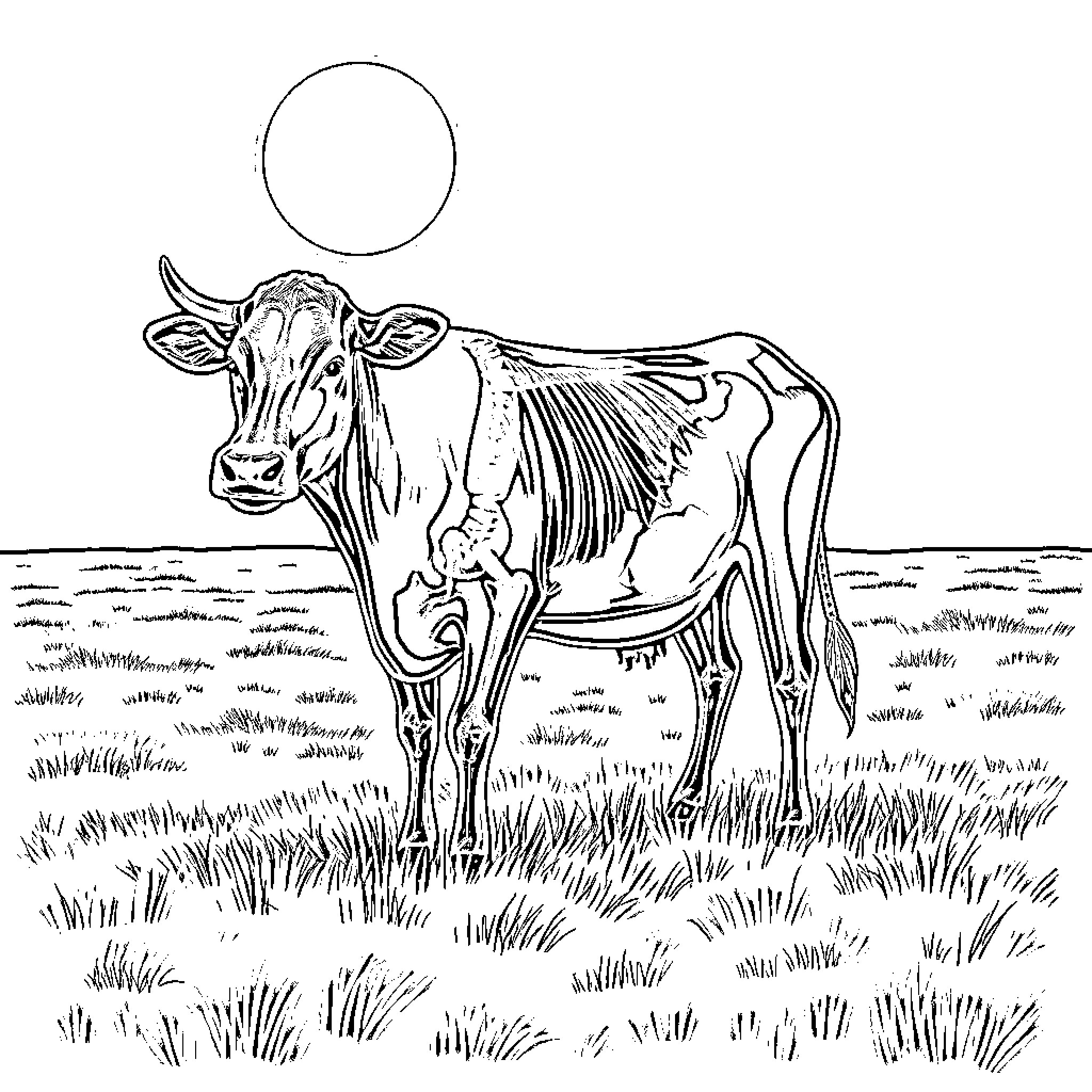 Cow standing in grassy field under the sun Coloring Page (free black-and-white line drawing printable PDF for all, from beginners to advanced learners, including children, teens, adults, and seniors)