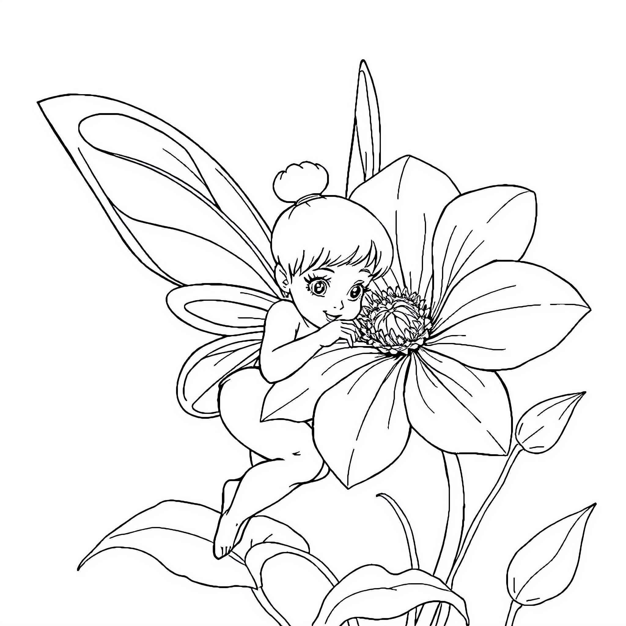 Tinkerbell enjoying a flower Coloring Page (free black-and-white line drawing printable PDF for all, from beginners to advanced learners, including children, teens, adults, and seniors)