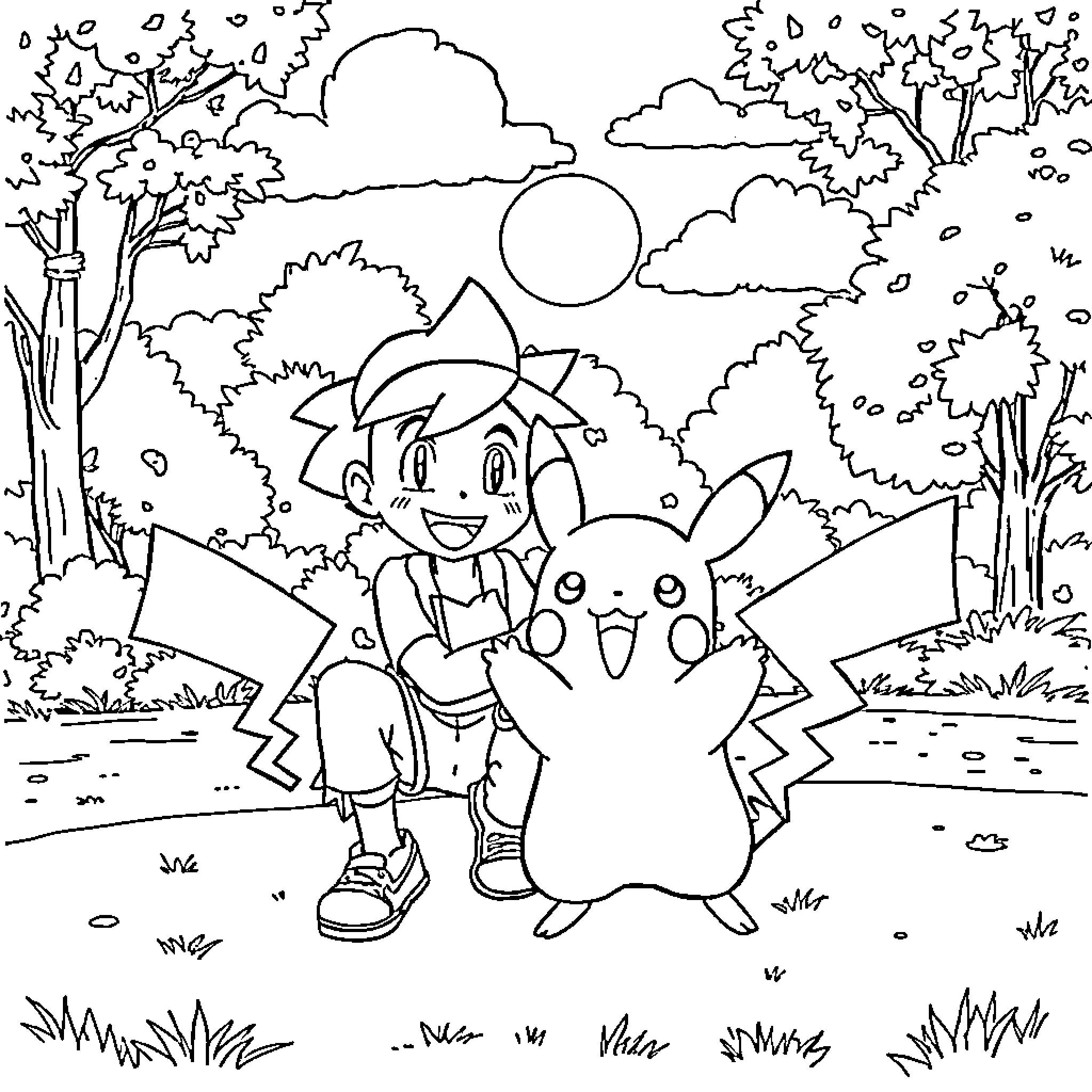 Ash and Pikachu's Adventure in the Forest Coloring Page (free black-and-white line drawing printable PDF for all, from beginners to advanced learners, including children, teens, adults, and seniors)