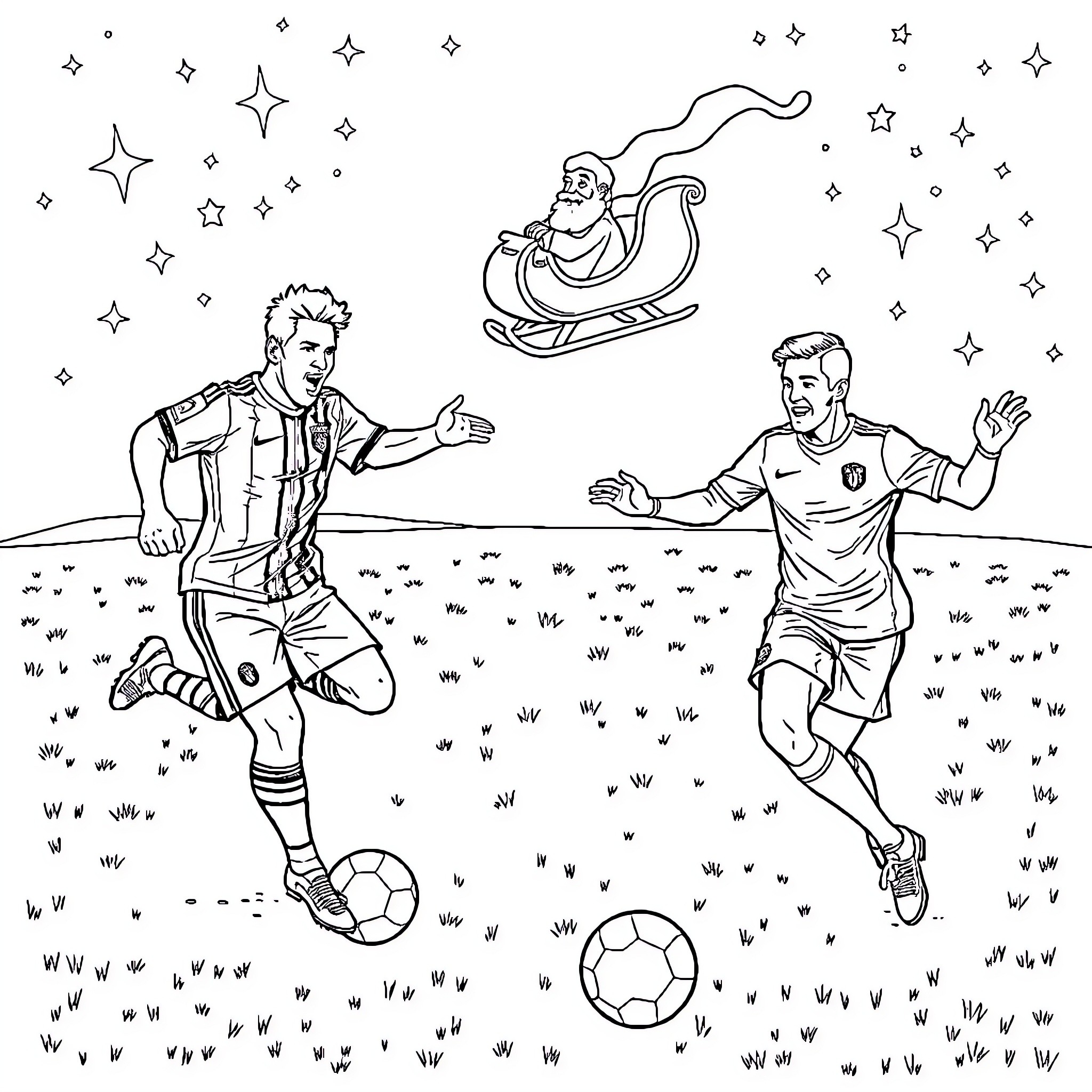 Football players in action with Santa's sleigh in the sky Coloring Page (free black-and-white line drawing printable PDF for all, from beginners to advanced learners, including children, teens, adults, and seniors)