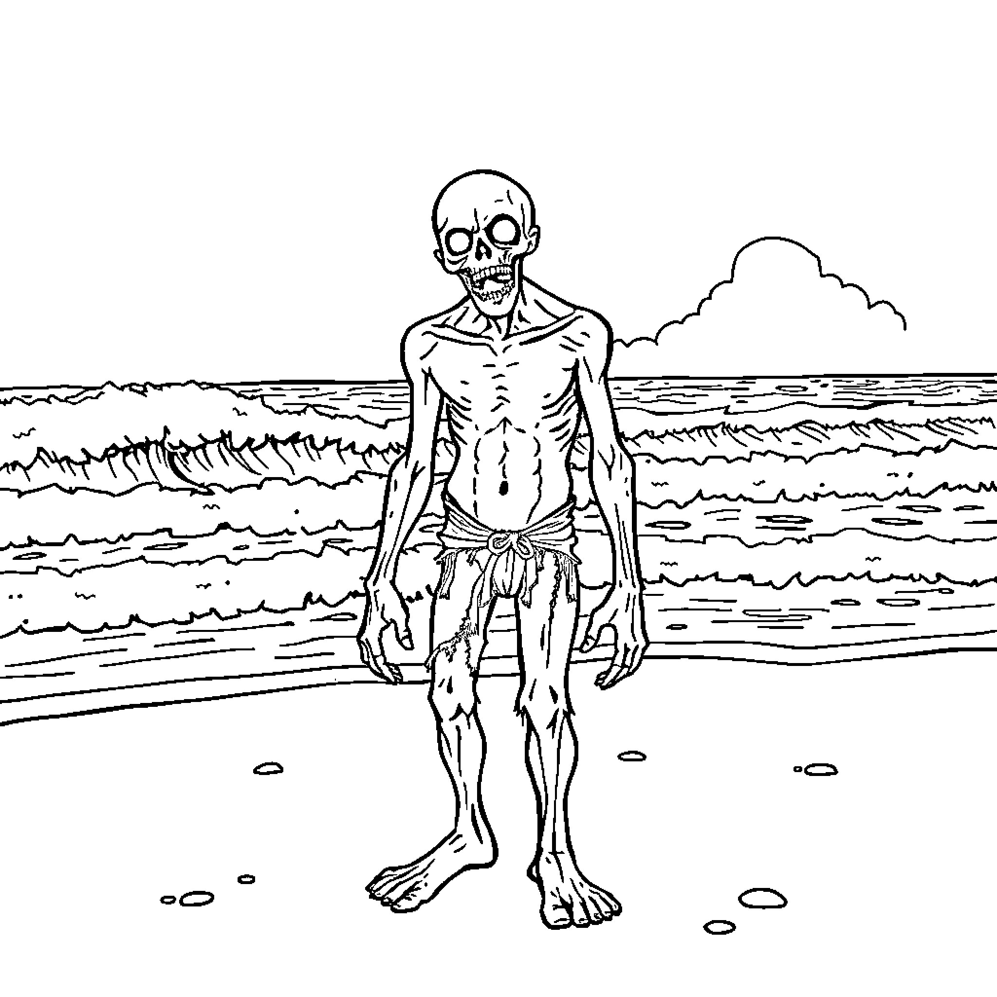 Zombie emerging from the ocean Coloring Page (free black-and-white line drawing printable PDF for all, from beginners to advanced learners, including children, teens, adults, and seniors)
