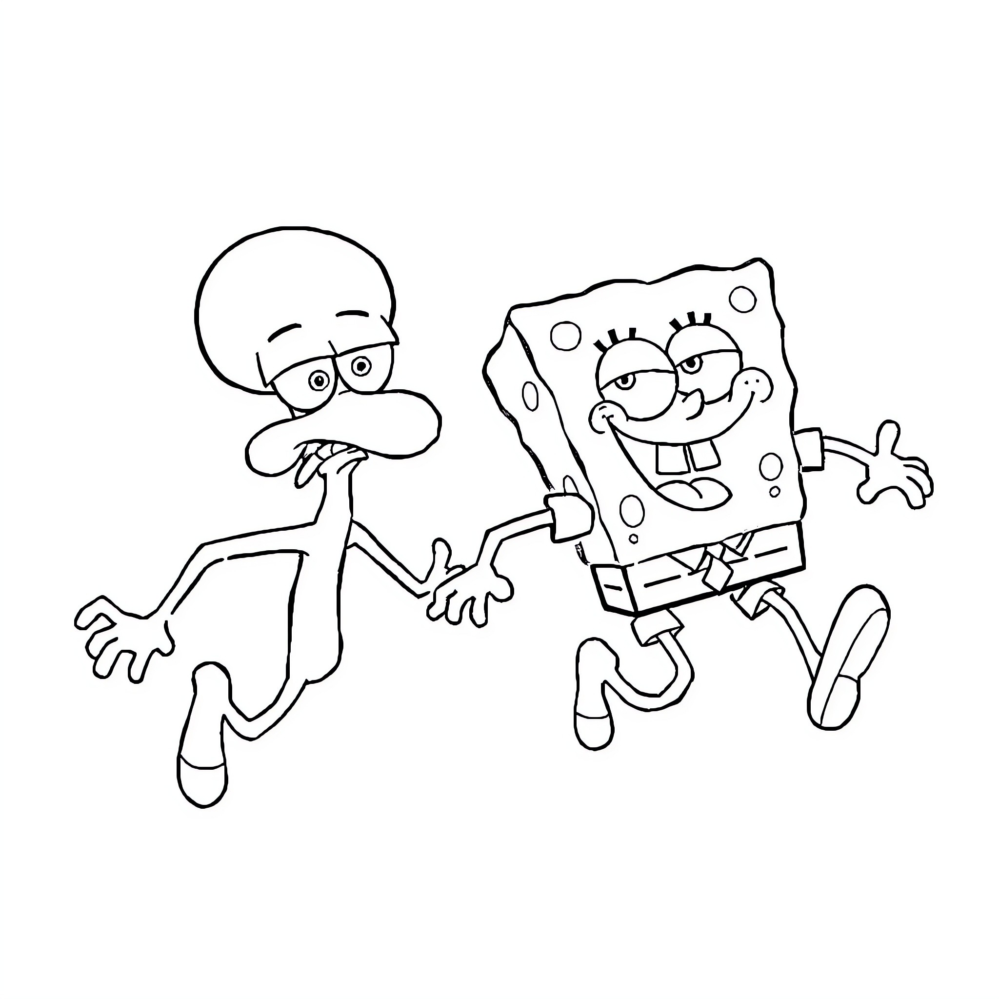 Squidward and SpongeBob in silly poses Coloring Page (free black-and-white line drawing printable PDF for all, from beginners to advanced learners, including children, teens, adults, and seniors)