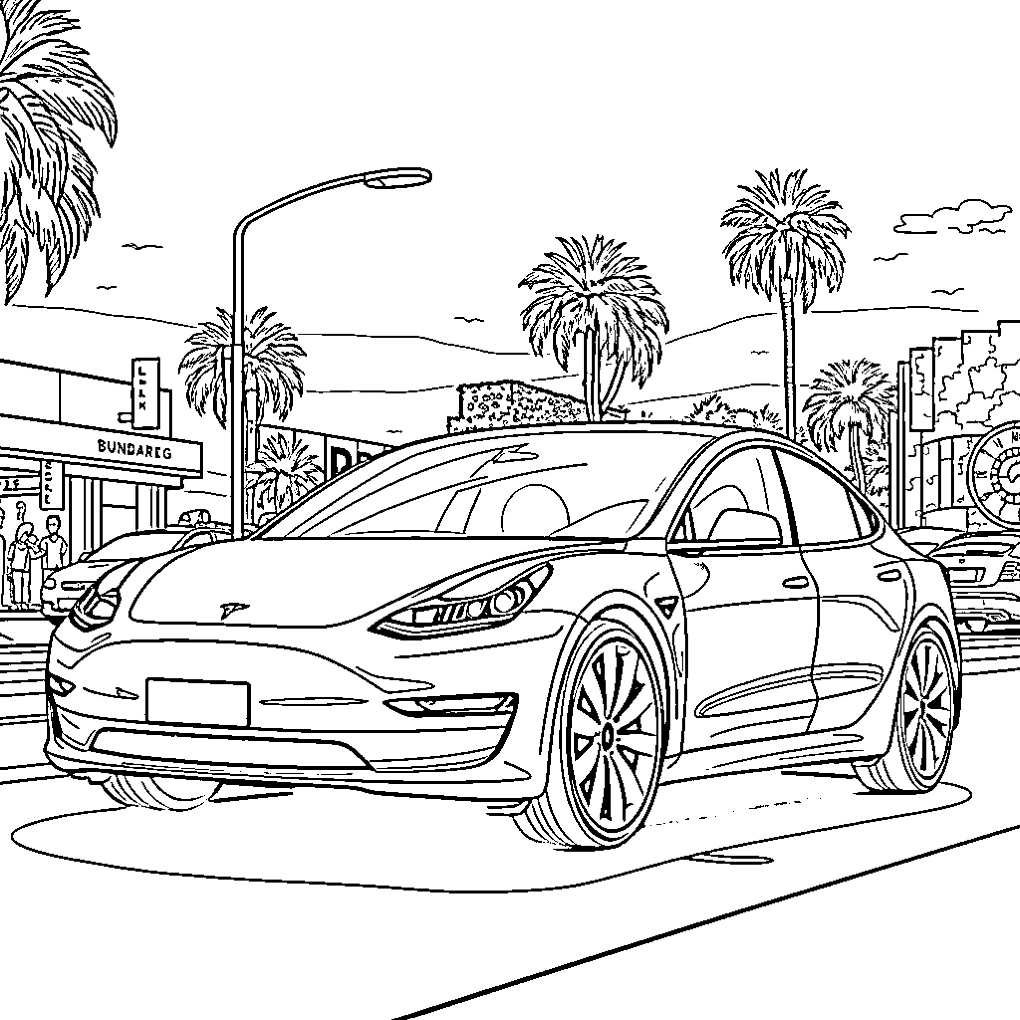 Tesla electric car on city street with palm trees Coloring Page (free black-and-white line drawing printable PDF for all, from beginners to advanced learners, including children, teens, adults, and seniors)