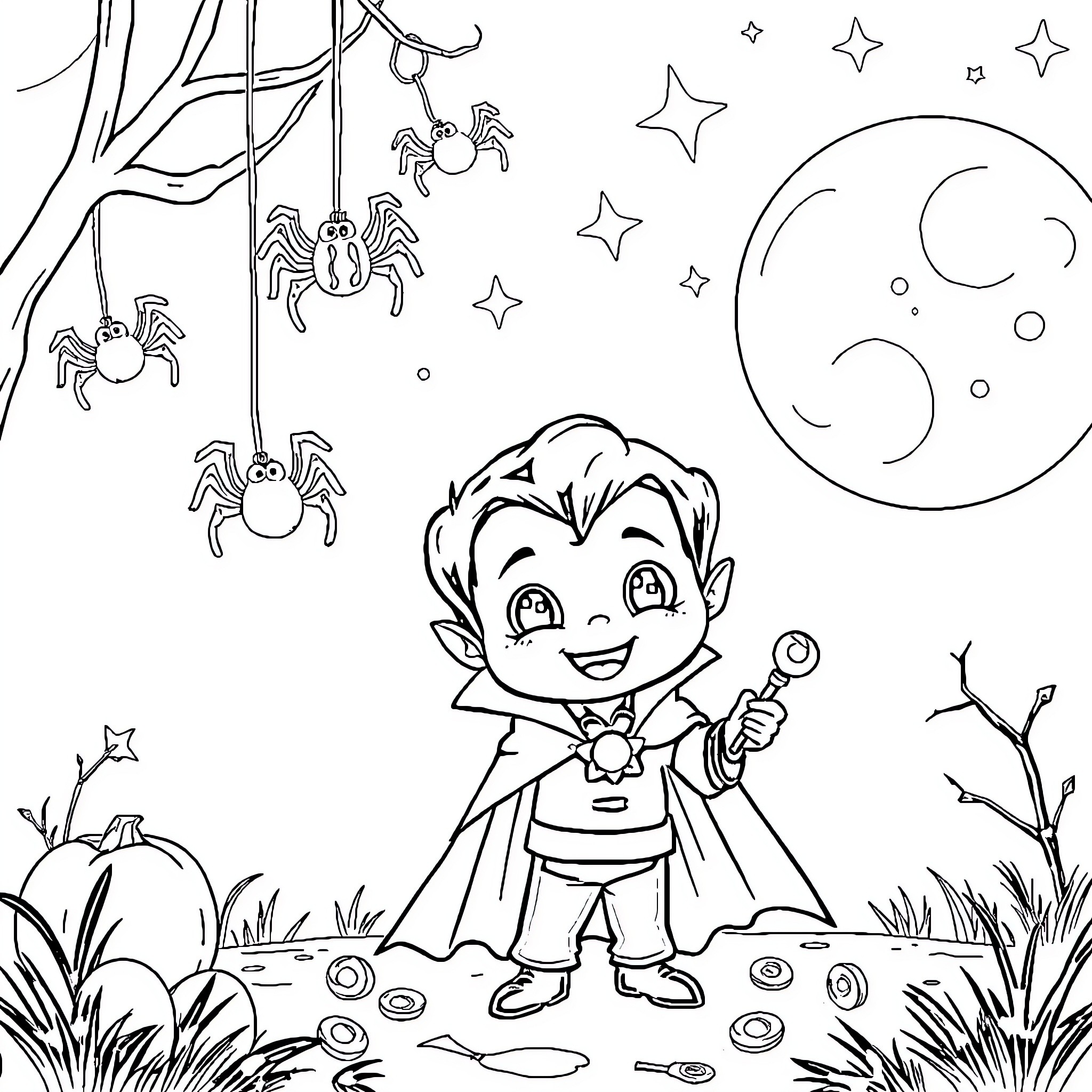 Vampire Boy Exploring Spooky Forest at Night Coloring Page (free black-and-white line drawing printable PDF for all, from beginners to advanced learners, including children, teens, adults, and seniors)