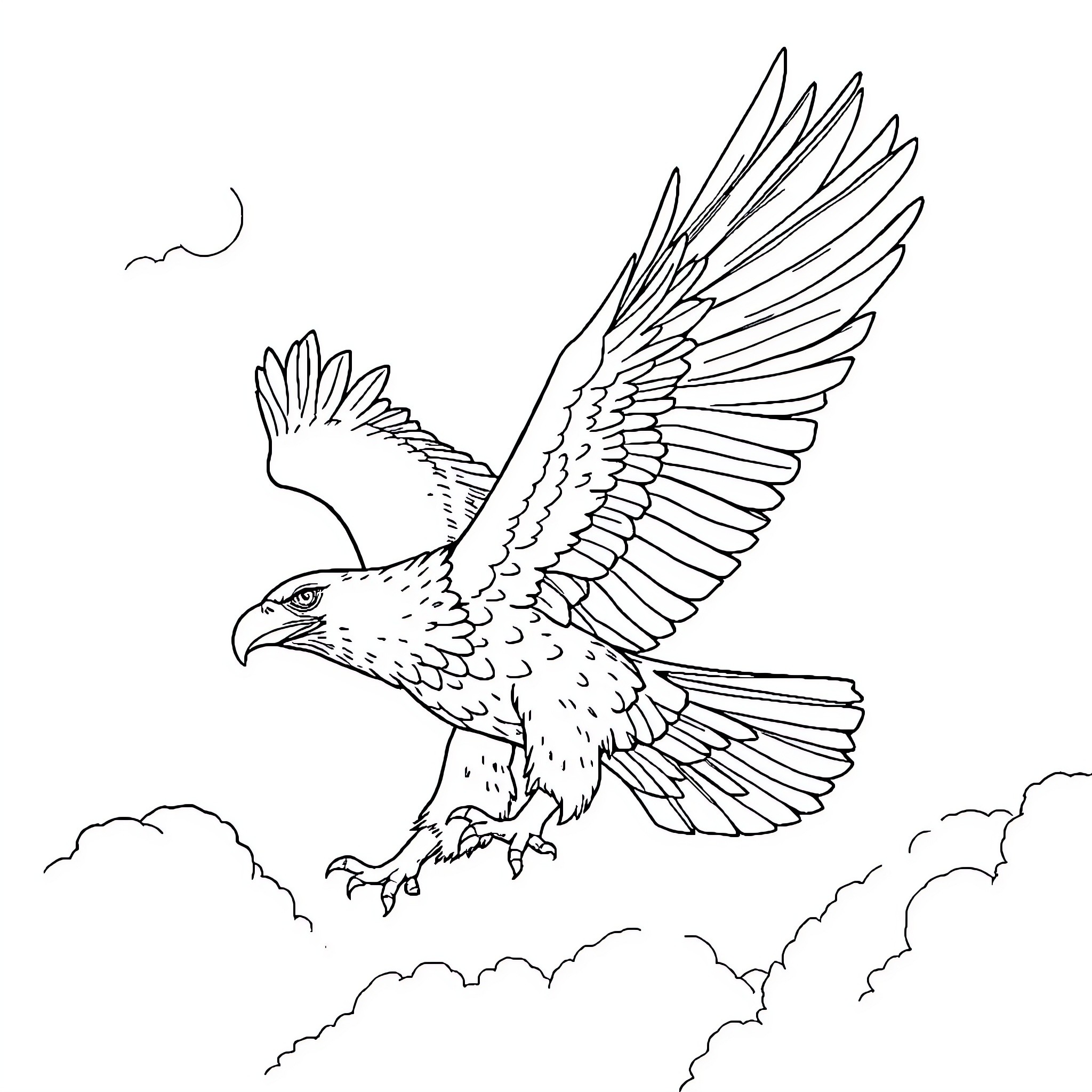 Eagle soaring majestically in the clouds Coloring Page (free black-and-white line drawing printable PDF for all, from beginners to advanced learners, including children, teens, adults, and seniors)