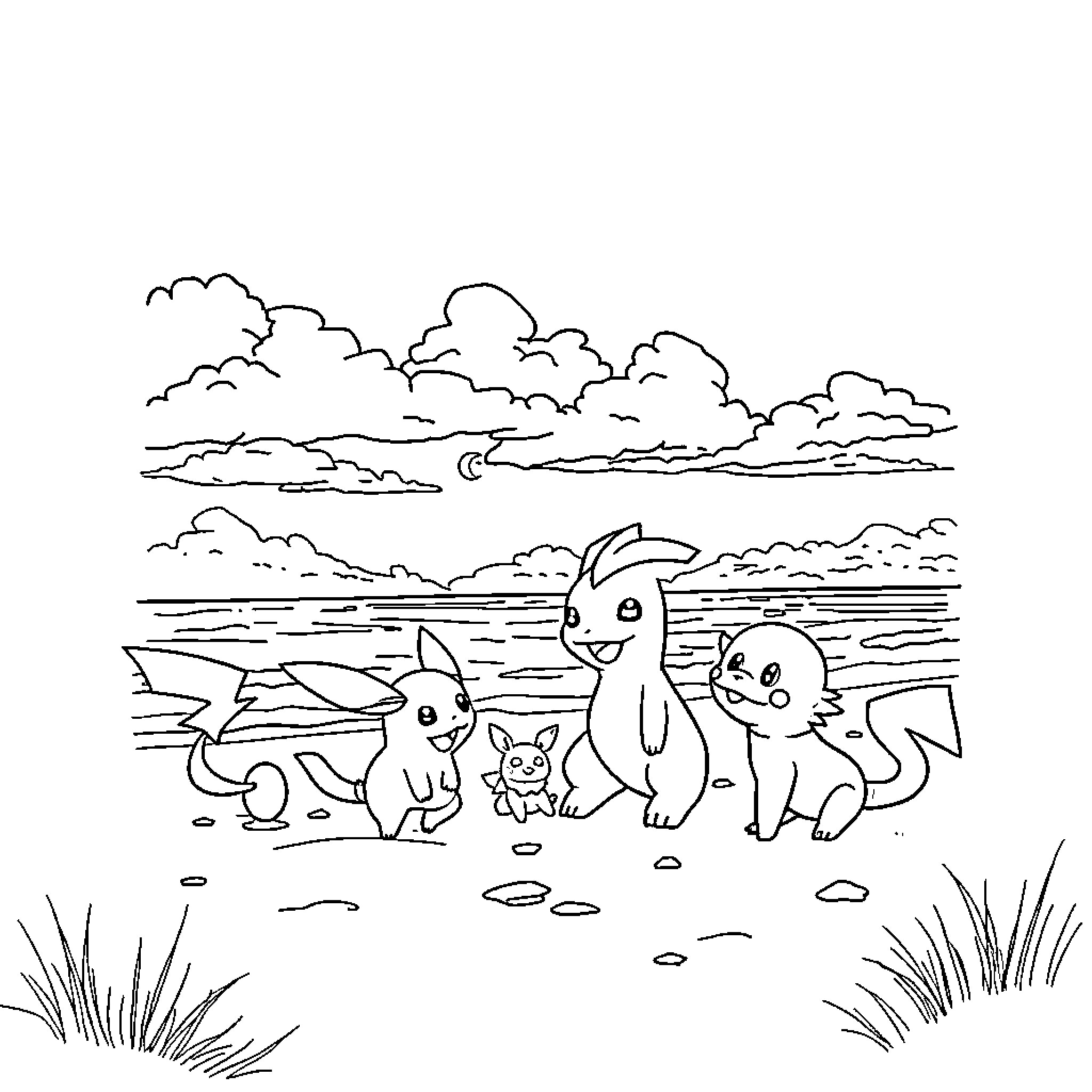 Pokémon characters playing together in scenic landscape Coloring Page (free black-and-white line drawing printable PDF for all, from beginners to advanced learners, including children, teens, adults, and seniors)