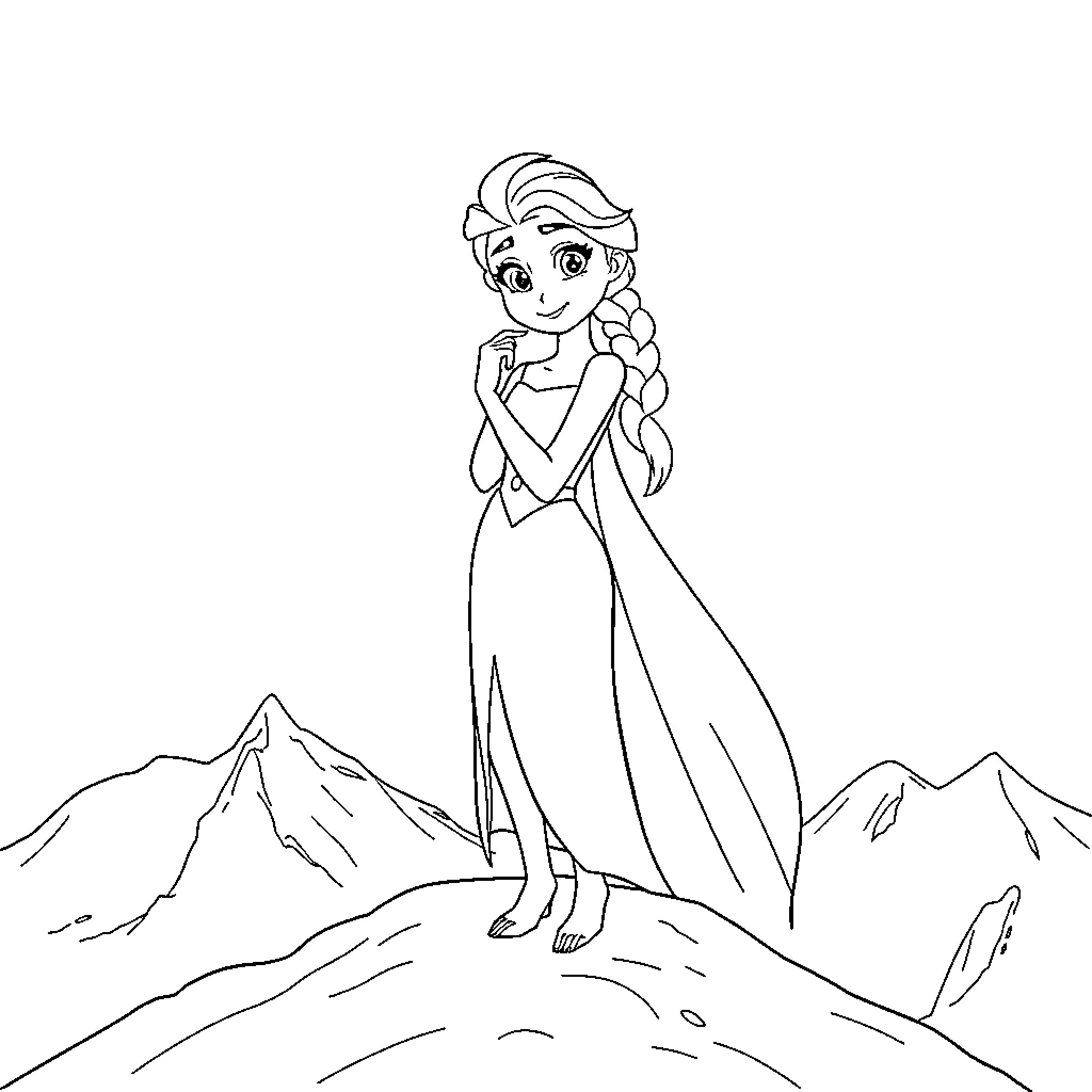 Elsa standing in a snowy mountain landscape Coloring Page (free black-and-white line drawing printable PDF for all, from beginners to advanced learners, including children, teens, adults, and seniors)