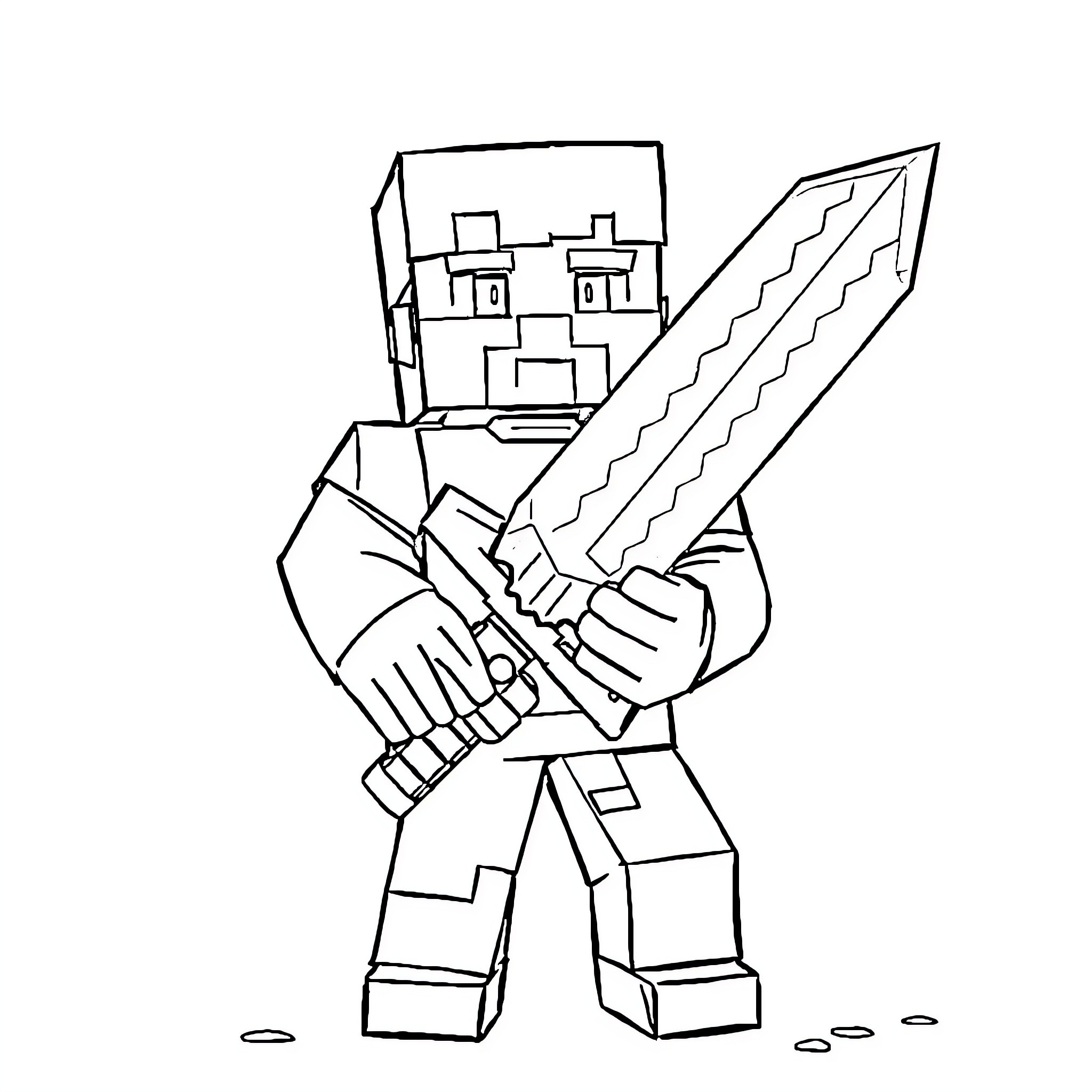 Steve wielding a giant sword in battle stance Coloring Page (free black-and-white line drawing printable PDF for all, from beginners to advanced learners, including children, teens, adults, and seniors)