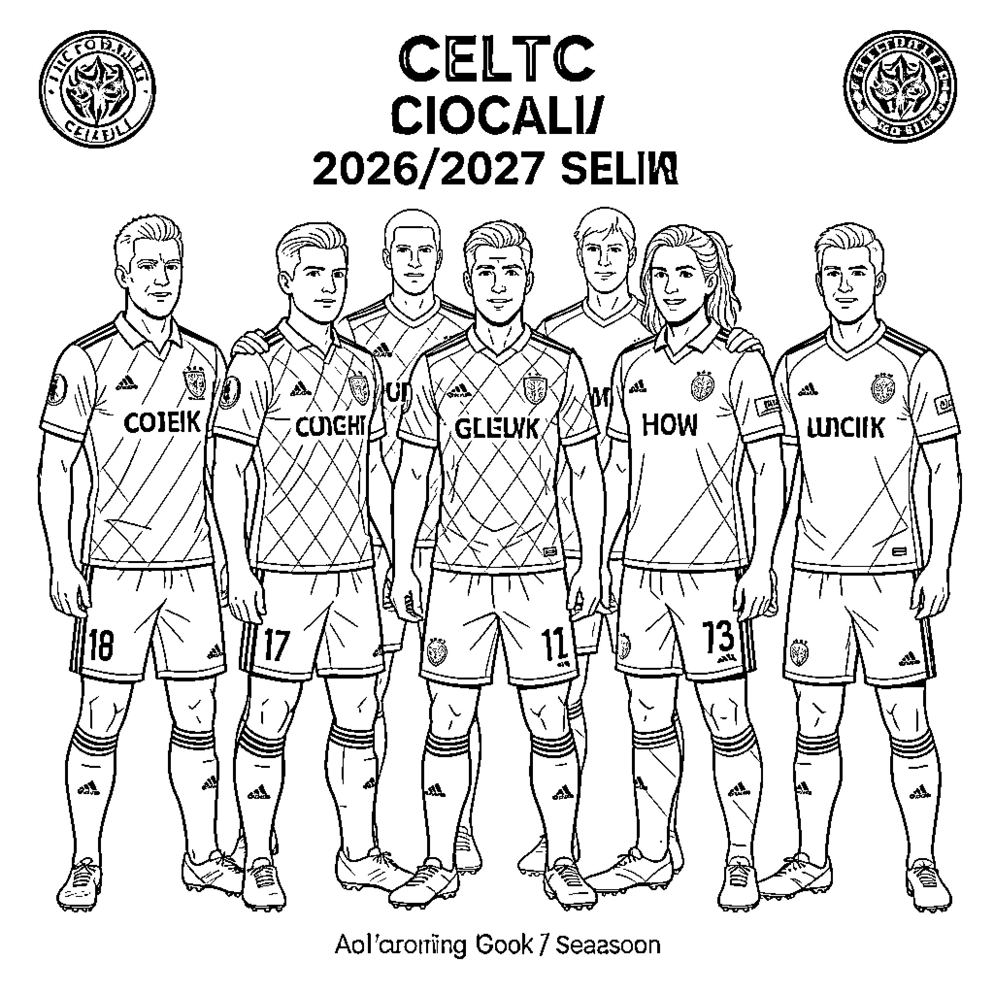 Celtic Football Club players posing in team uniforms Coloring Page (free black-and-white line drawing printable PDF for all, from beginners to advanced learners, including children, teens, adults, and seniors)
