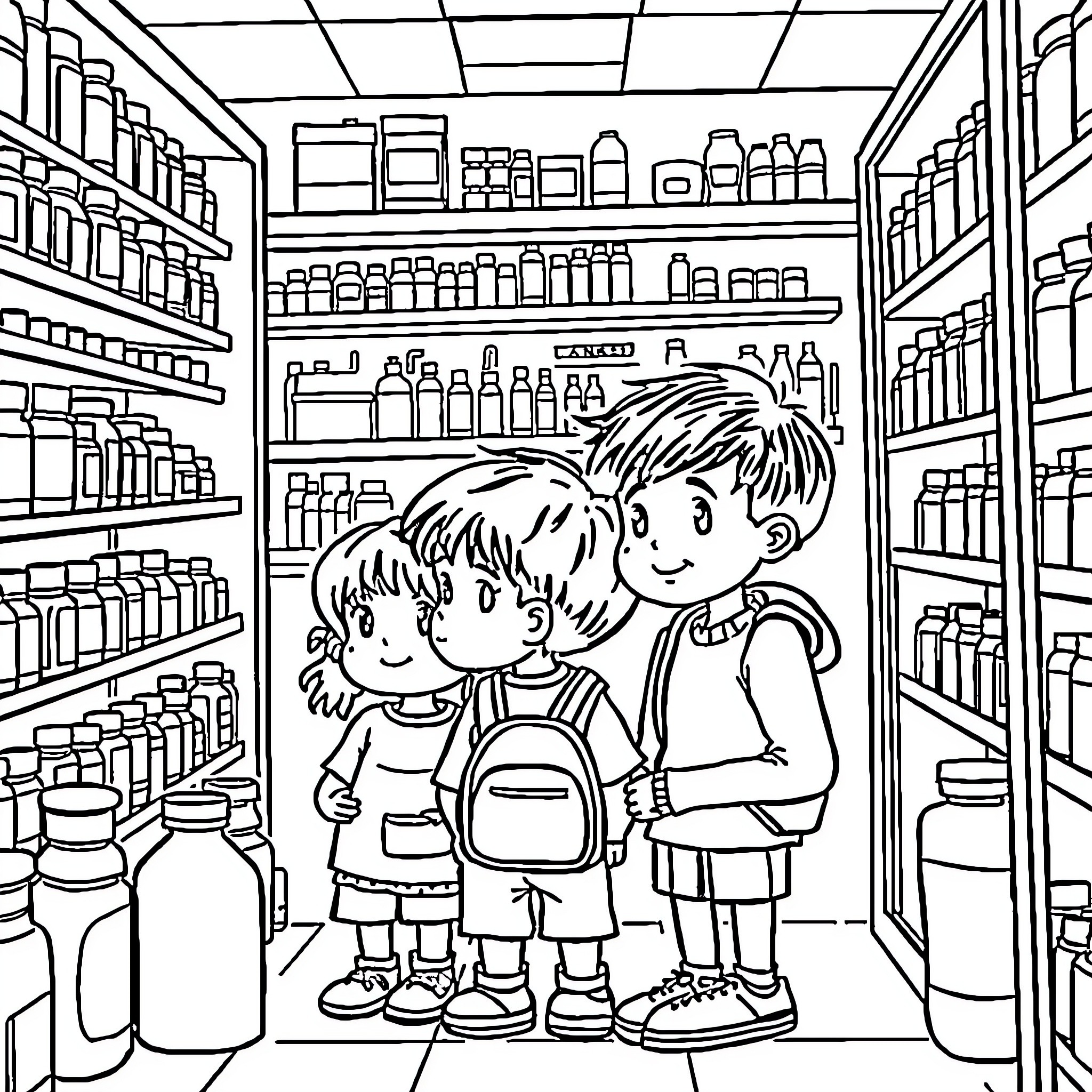 Kid Exploring Shelves in a Grocery Store Coloring Page (free black-and-white line drawing printable PDF for all, from beginners to advanced learners, including children, teens, adults, and seniors)