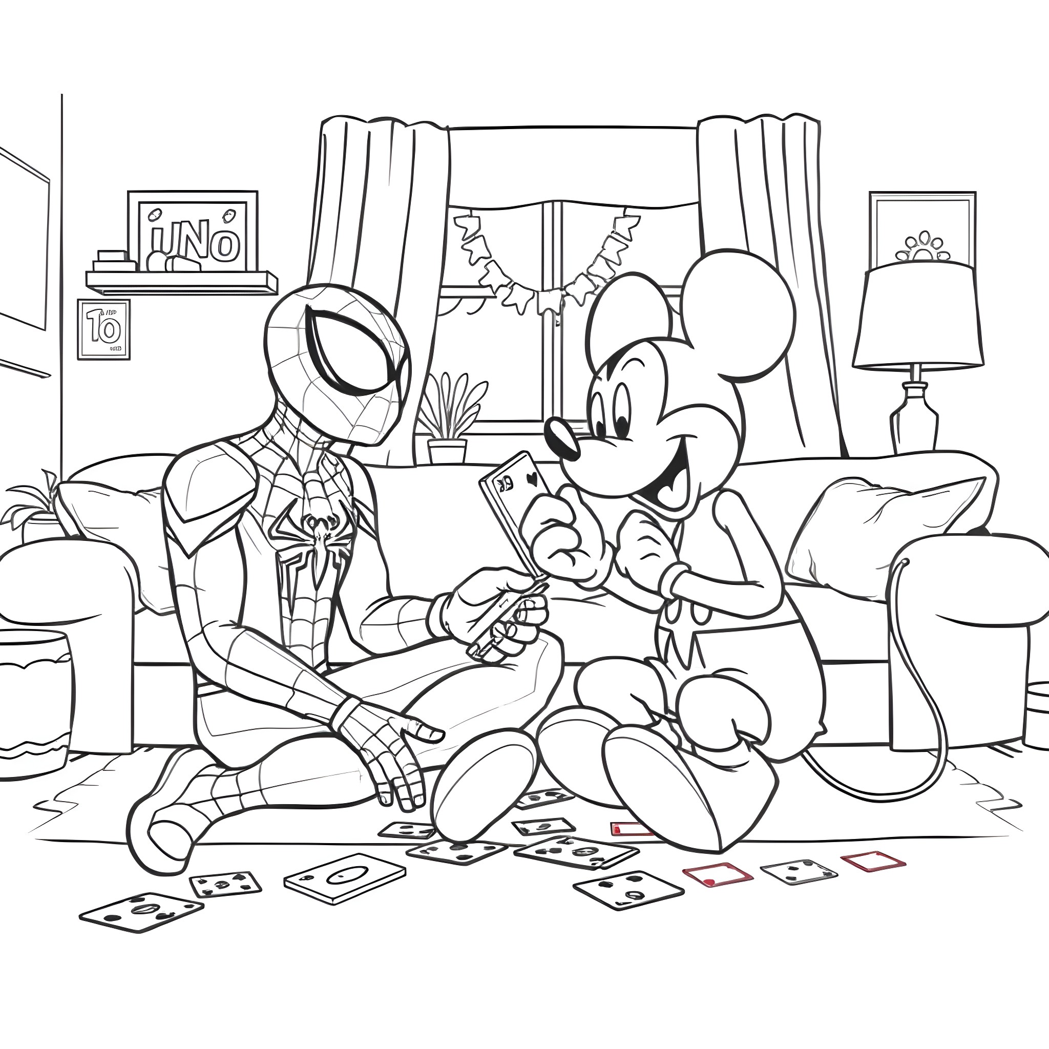Spider-Man and Mickey Mouse playing together in the living room Coloring Page (free black-and-white line drawing printable PDF for all, from beginners to advanced learners, including children, teens, adults, and seniors)