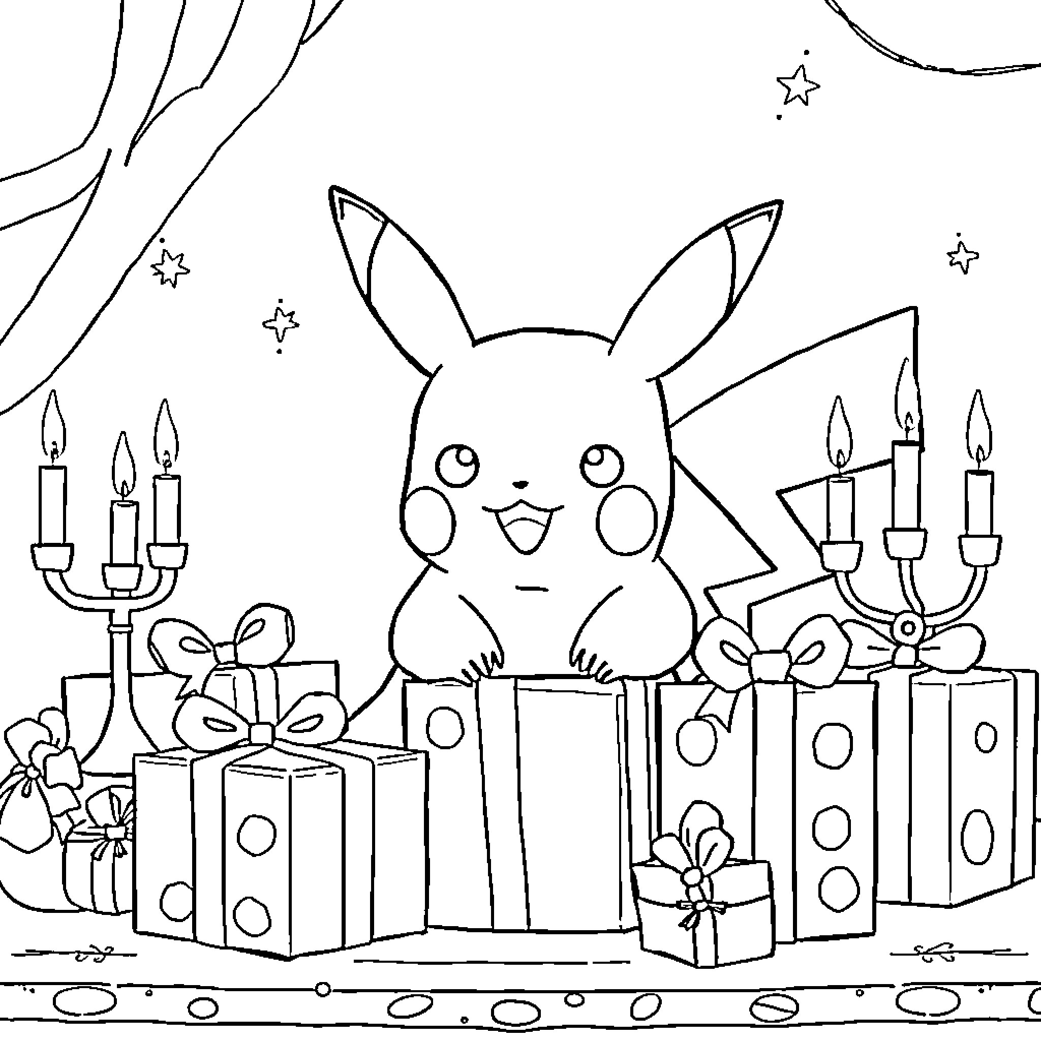 Pikachu celebrating with gifts and candles Coloring Page (free black-and-white line drawing printable PDF for all, from beginners to advanced learners, including children, teens, adults, and seniors)