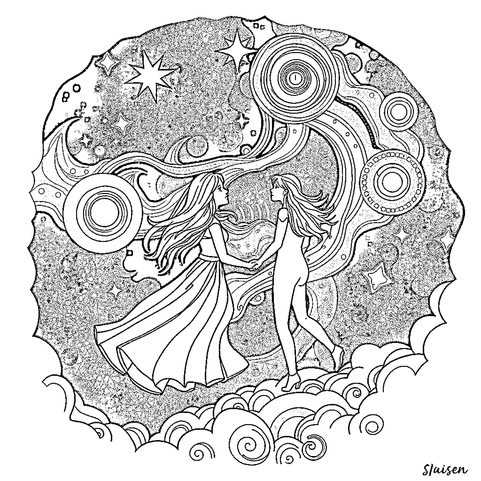Lovers' Celestial Dance in the Starry Night Coloring Page (free black-and-white line drawing printable PDF for all, from beginners to advanced learners, including children, teens, adults, and seniors)