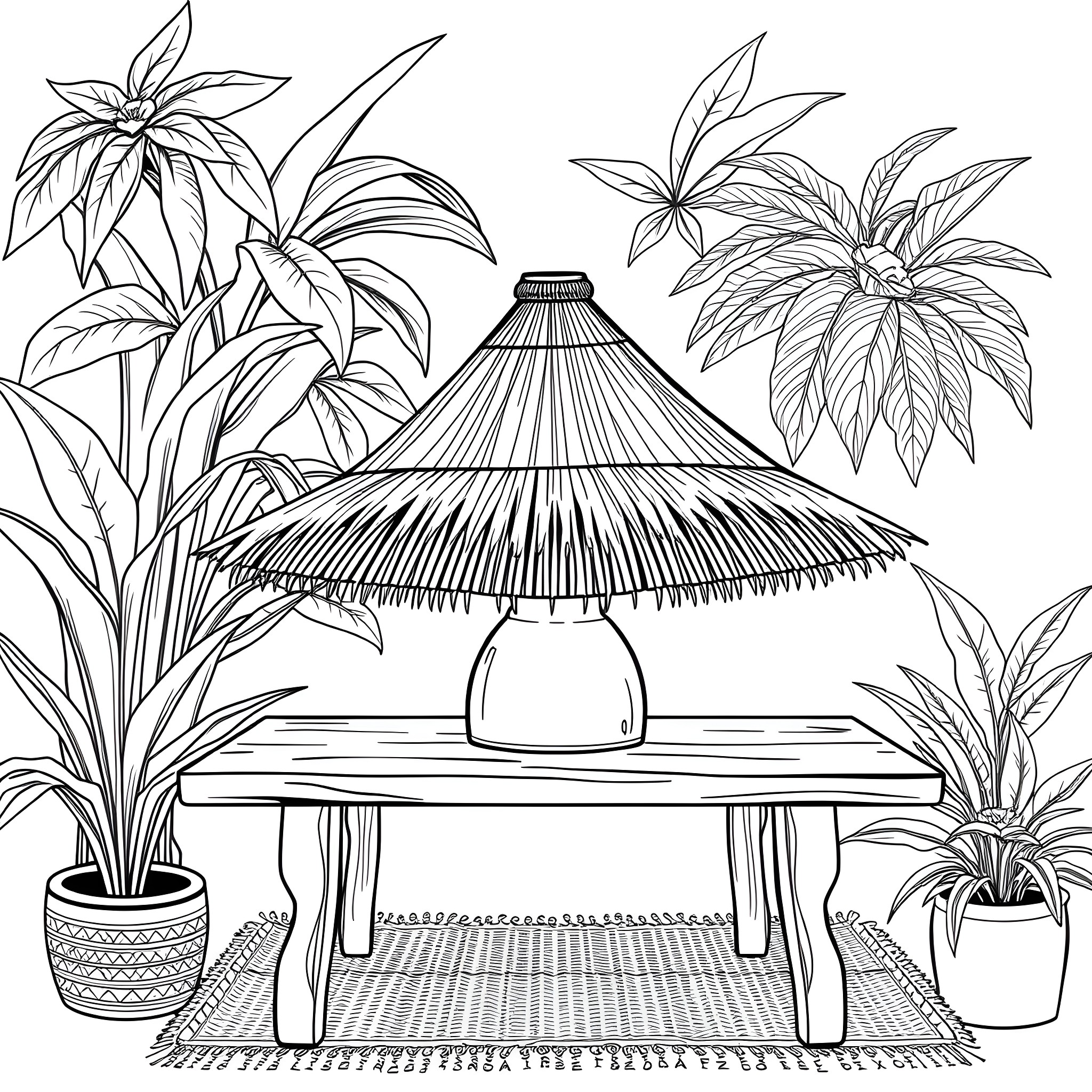 Hat Shade in the Tropical Garden Coloring Page (free black-and-white line drawing printable PDF for all, from beginners to advanced learners, including children, teens, adults, and seniors)