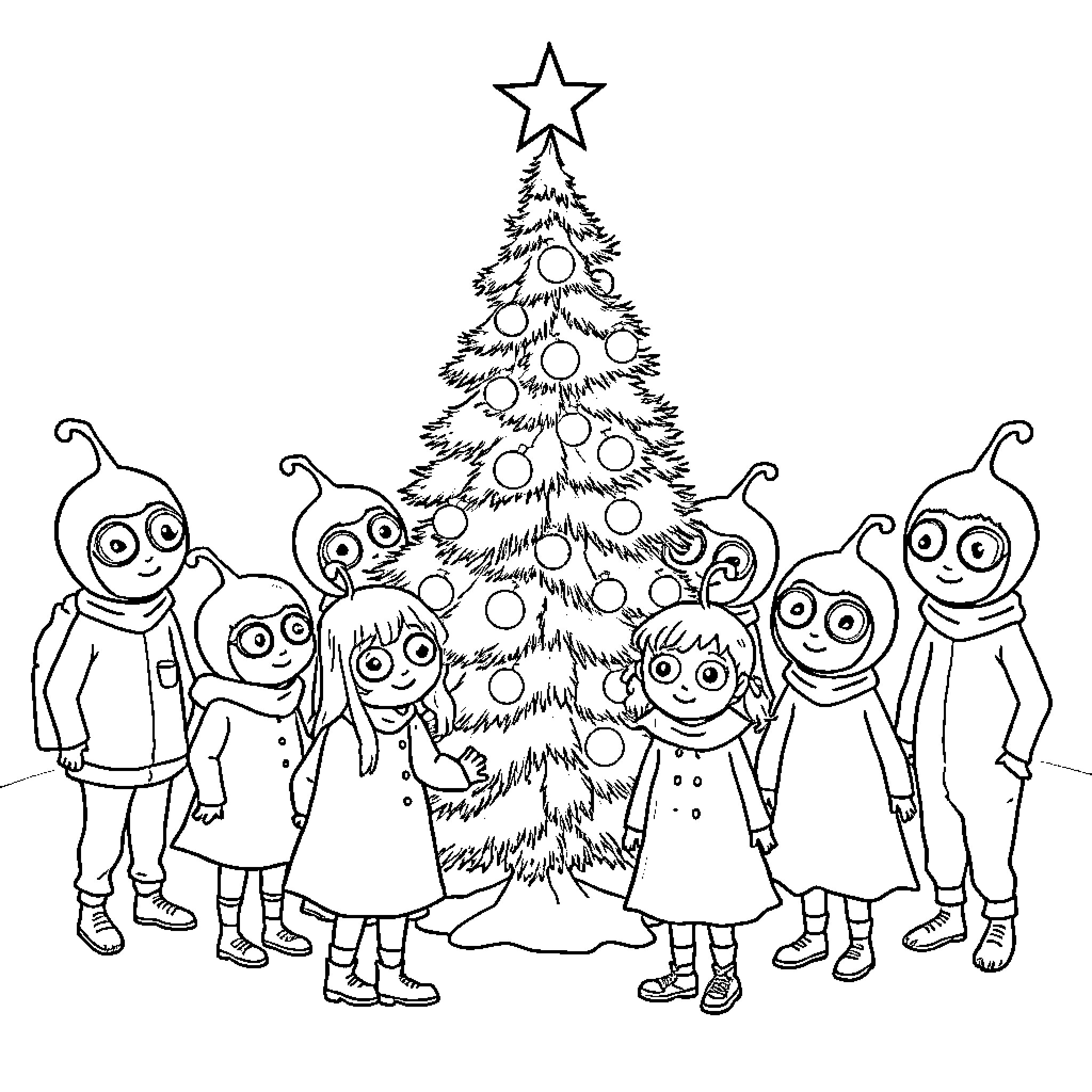 Alien creatures celebrate Christmas tree Coloring Page (free black-and-white line drawing printable PDF for all, from beginners to advanced learners, including children, teens, adults, and seniors)