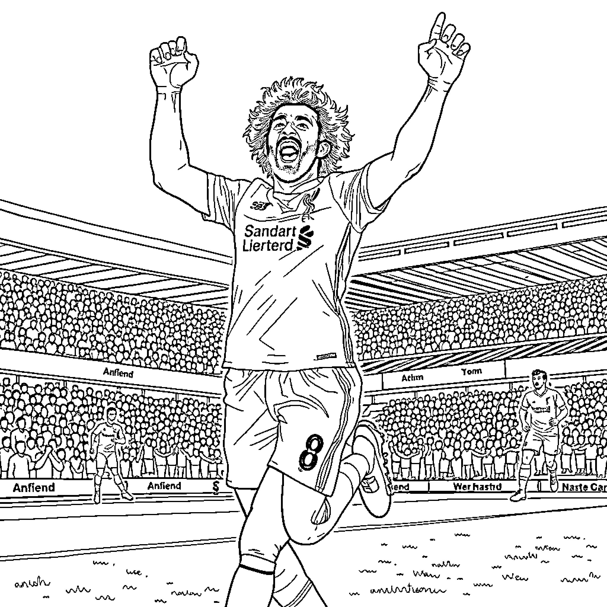 Mo Salah celebrates enthusiastically on the pitch Coloring Page (free black-and-white line drawing printable PDF for all, from beginners to advanced learners, including children, teens, adults, and seniors)