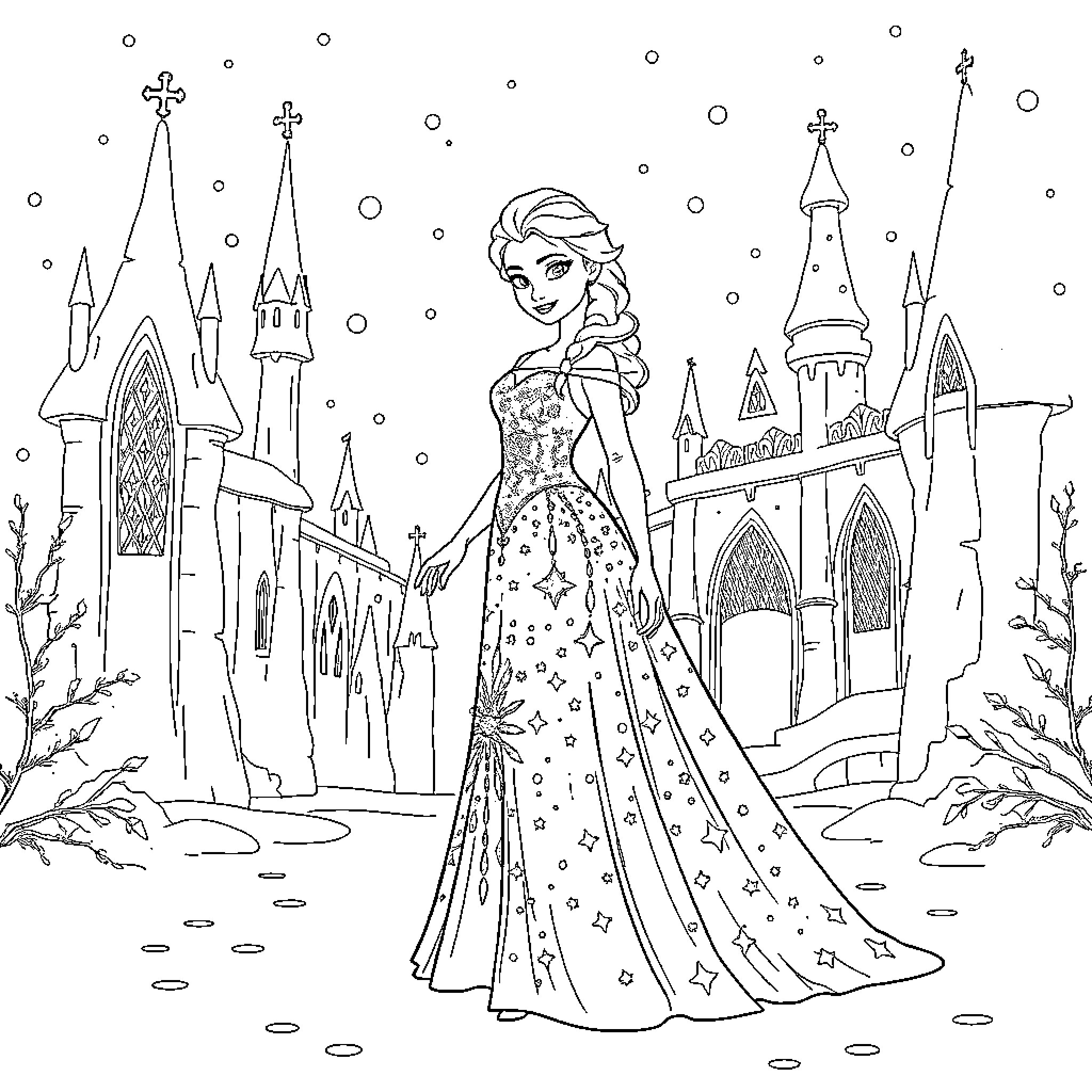 Princess Elsa strolling through her magical castle Coloring Page (free black-and-white line drawing printable PDF for all, from beginners to advanced learners, including children, teens, adults, and seniors)