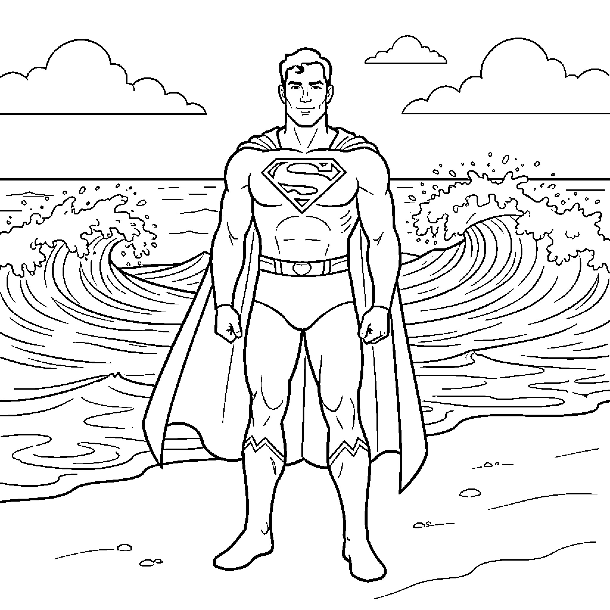 Superman standing heroically on a beach with waves Coloring Page (free black-and-white line drawing printable PDF for all, from beginners to advanced learners, including children, teens, adults, and seniors)