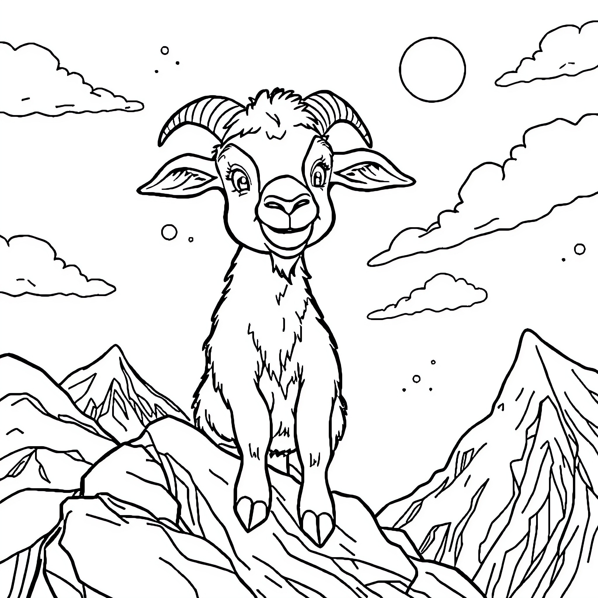 Goat standing atop a mountainous landscape Coloring Page (free black-and-white line drawing printable PDF for all, from beginners to advanced learners, including children, teens, adults, and seniors)