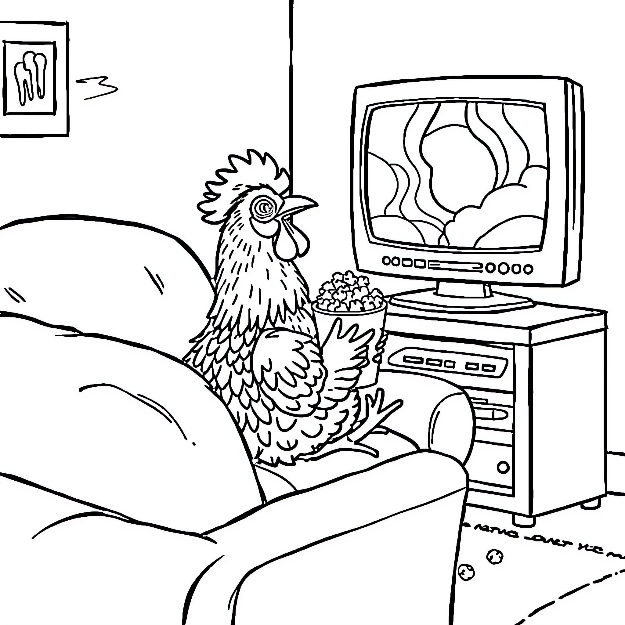 Chicken watching television in living room Coloring Page (free black-and-white line drawing printable PDF for all, from beginners to advanced learners, including children, teens, adults, and seniors)