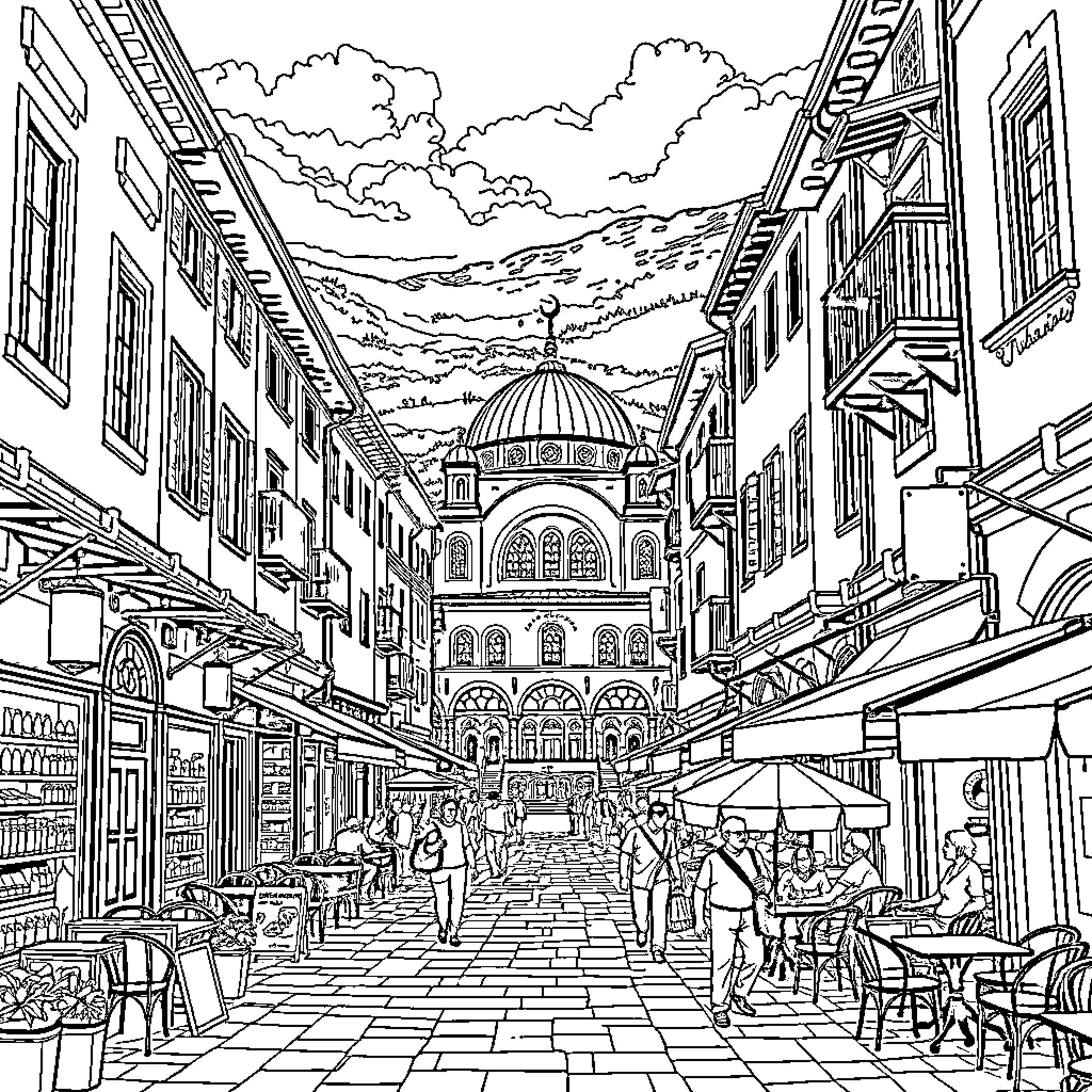 Mosque in a Bustling City Street Coloring Page (free black-and-white line drawing printable PDF for all, from beginners to advanced learners, including children, teens, adults, and seniors)