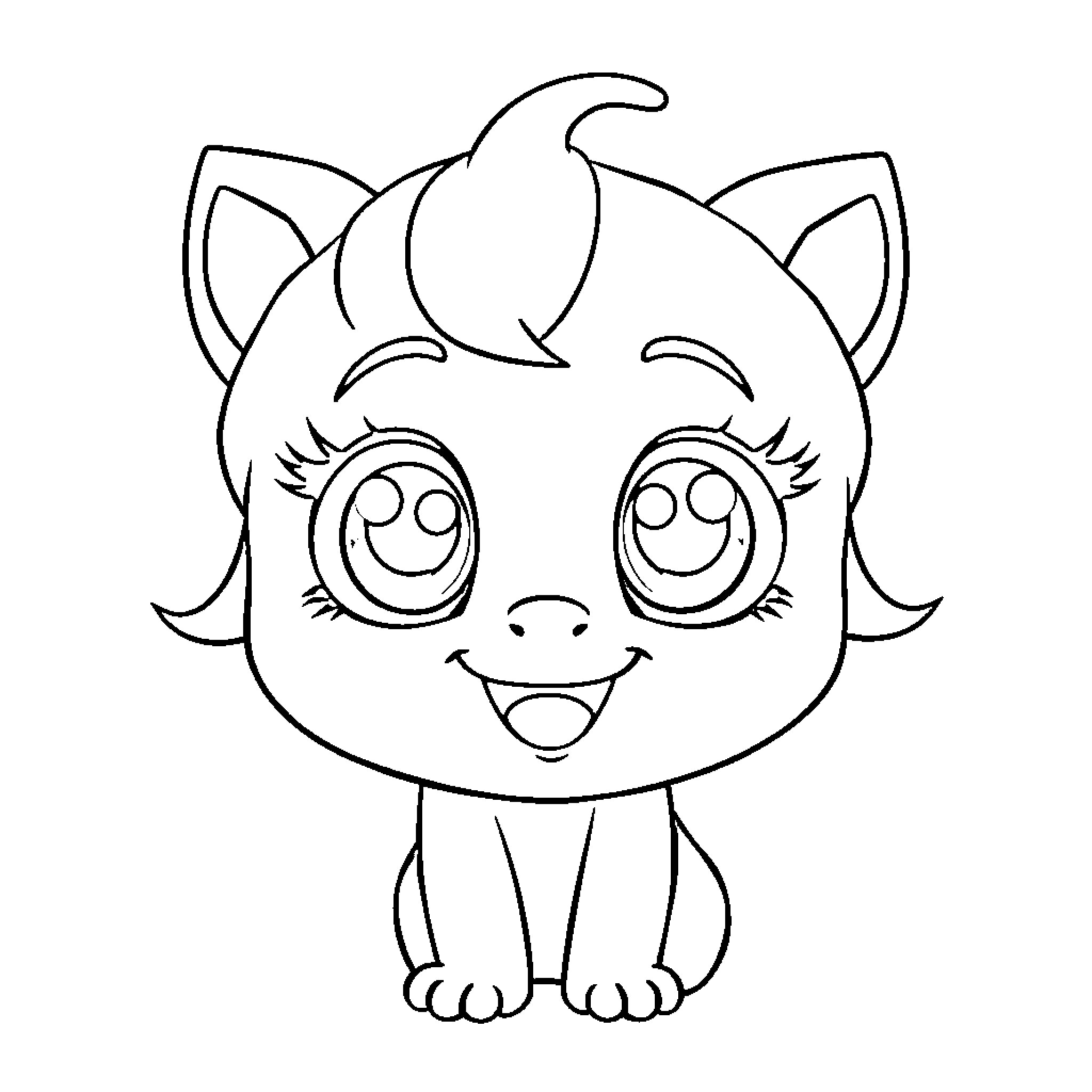 Kawaii Cute Kitten with Big Eyes Coloring Page (free black-and-white line drawing printable PDF for all, from beginners to advanced learners, including children, teens, adults, and seniors)
