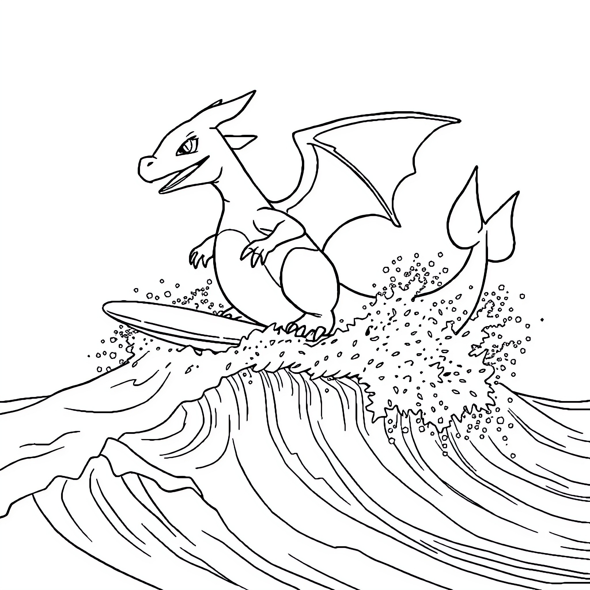 Charizard soaring over majestic waves Coloring Page (free black-and-white line drawing printable PDF for all, from beginners to advanced learners, including children, teens, adults, and seniors)