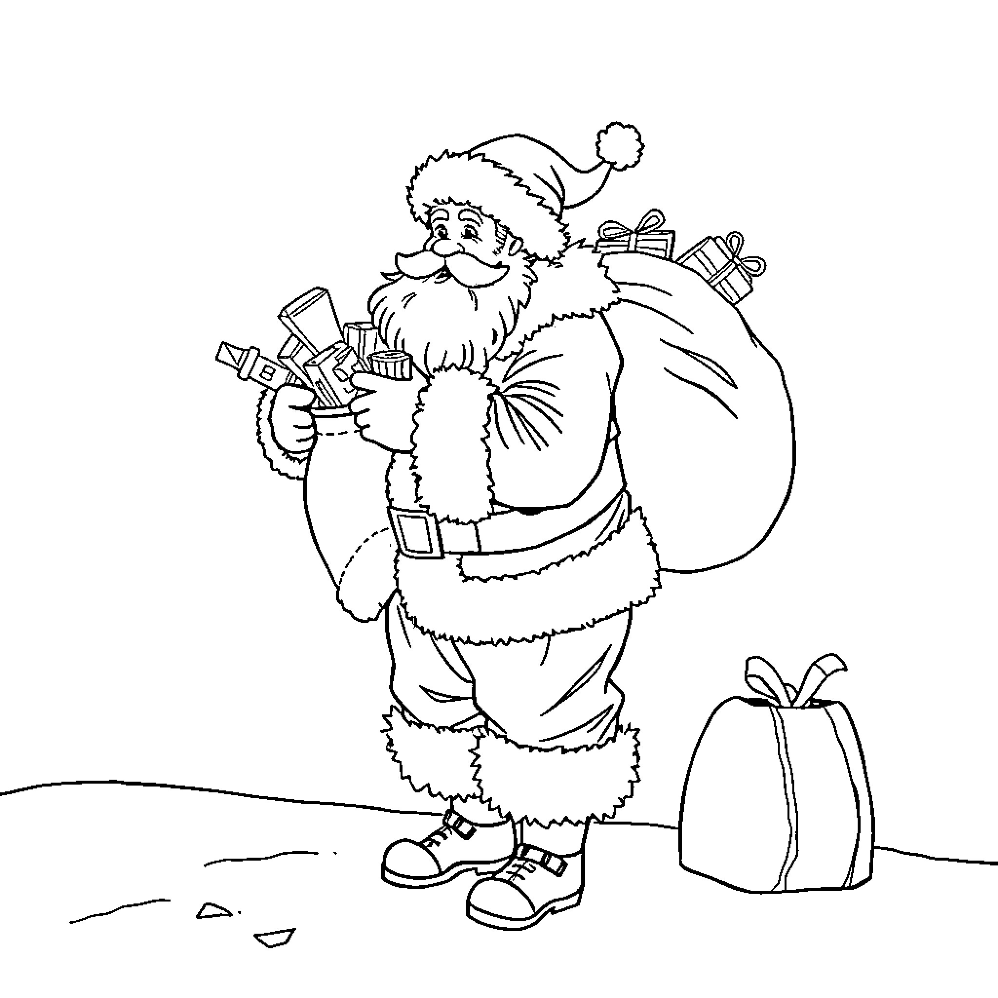 Santa carrying sack of presents in winter scene Coloring Page (free black-and-white line drawing printable PDF for all, from beginners to advanced learners, including children, teens, adults, and seniors)