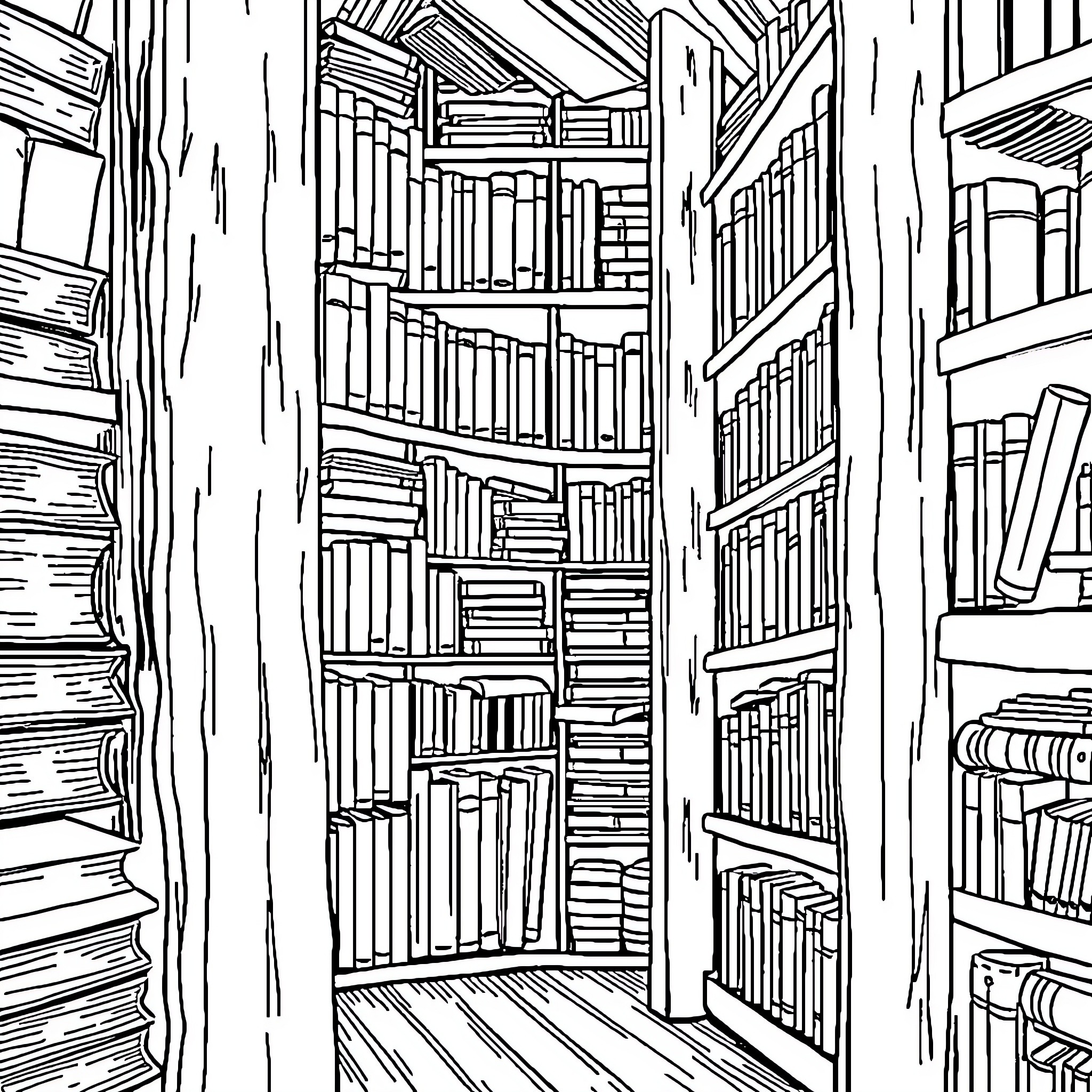 Archive of Intricately Organized Bookshelves Coloring Page (free black-and-white line drawing printable PDF for all, from beginners to advanced learners, including children, teens, adults, and seniors)