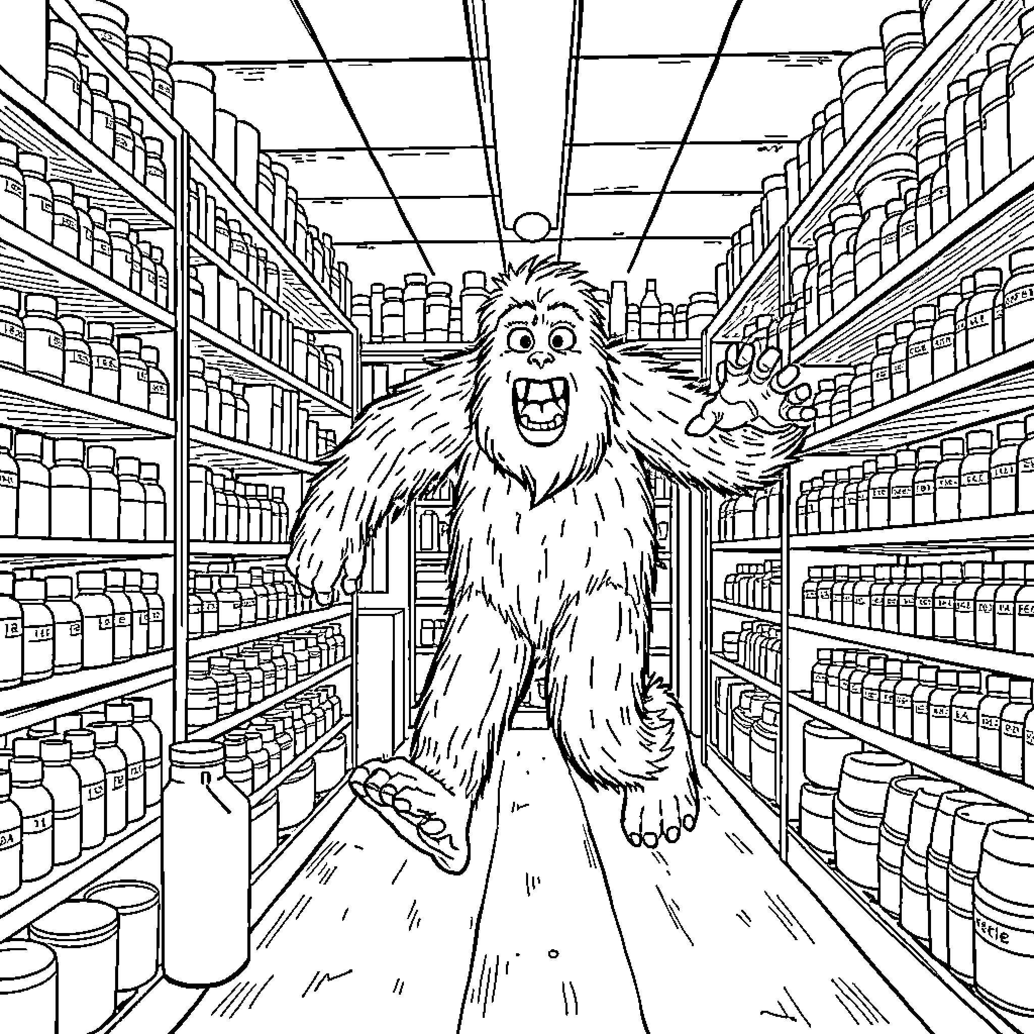Bigfoot roams the grocery store aisles Coloring Page (free black-and-white line drawing printable PDF for all, from beginners to advanced learners, including children, teens, adults, and seniors)