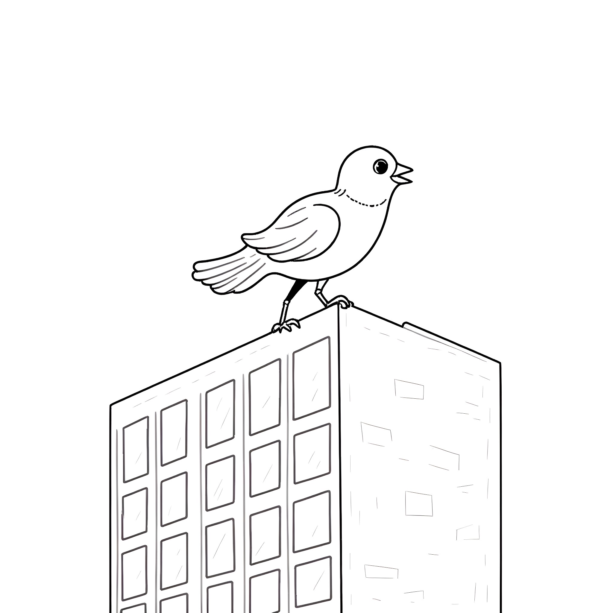 Bird perched atop a tall building Coloring Page (free black-and-white line drawing printable PDF for all, from beginners to advanced learners, including children, teens, adults, and seniors)