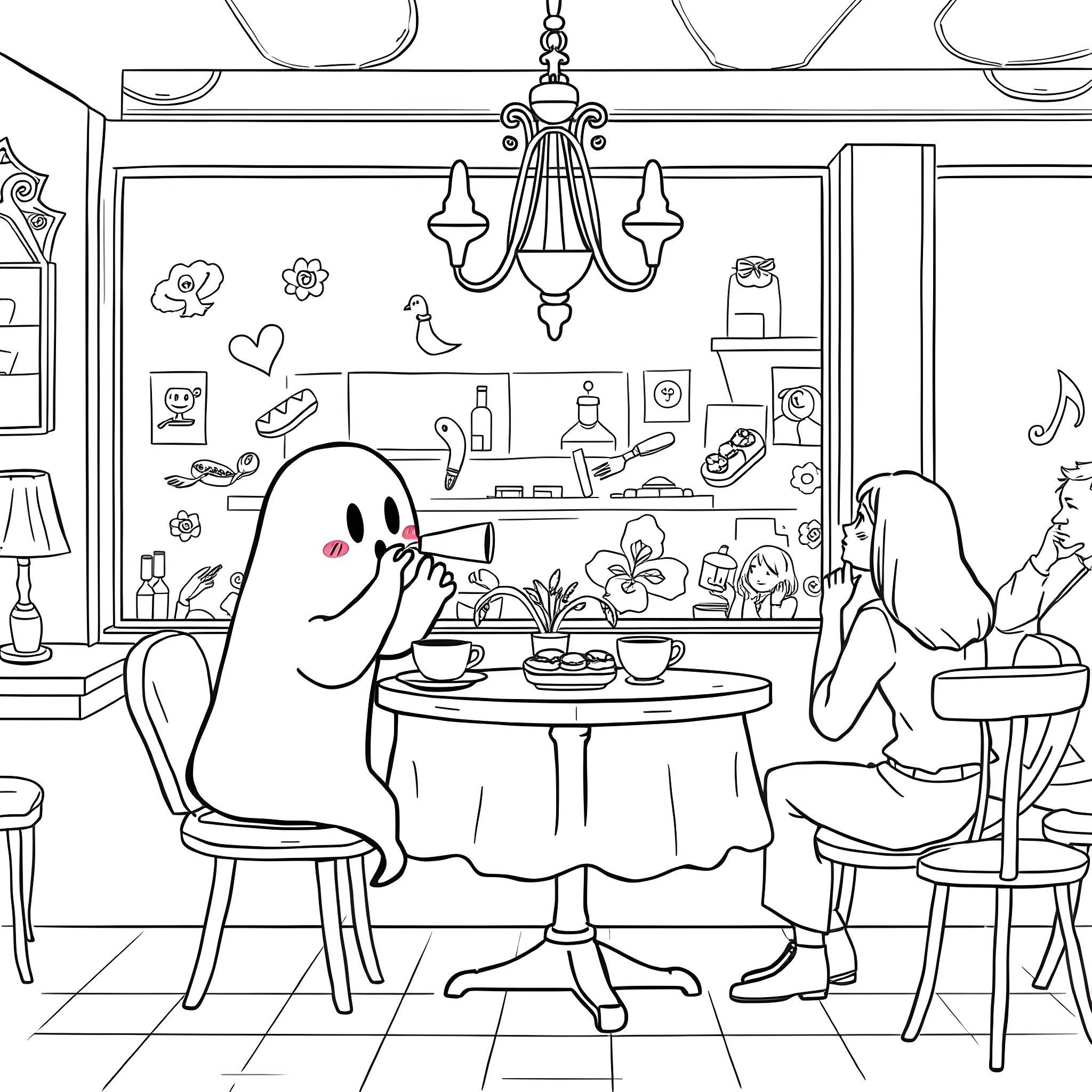 Ghost enjoying a cozy meal with friends in a cozy kitchen Coloring Page (free black-and-white line drawing printable PDF for all, from beginners to advanced learners, including children, teens, adults, and seniors)