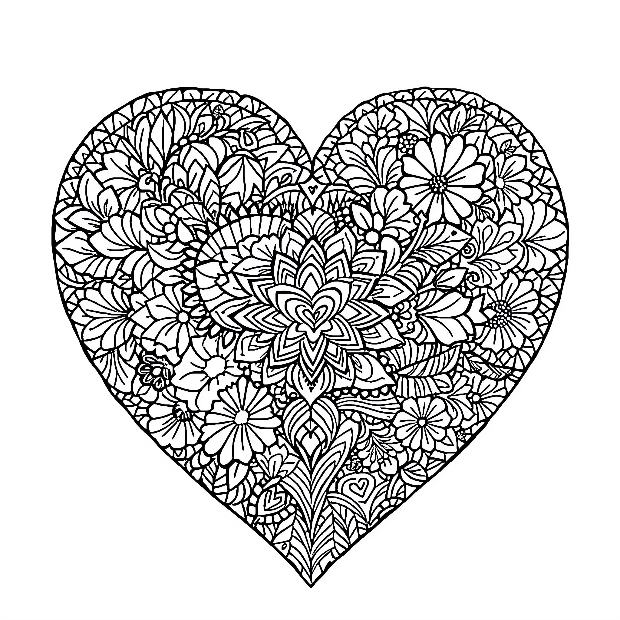 Heart filled with intricate floral patterns Coloring Page (free black-and-white line drawing printable PDF for all, from beginners to advanced learners, including children, teens, adults, and seniors)