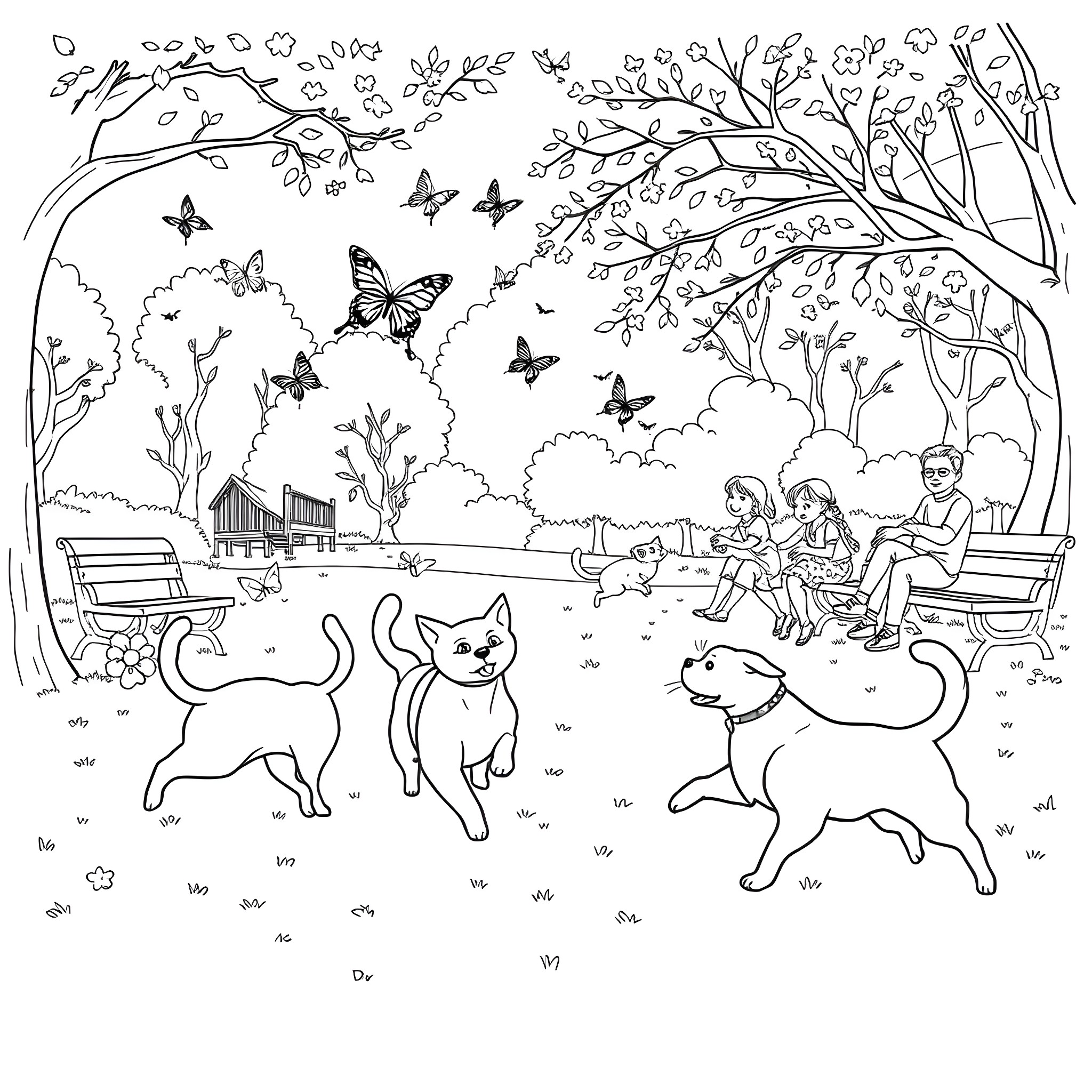 Cats playing in a beautiful park with butterflies Coloring Page (free black-and-white line drawing printable PDF for all, from beginners to advanced learners, including children, teens, adults, and seniors)