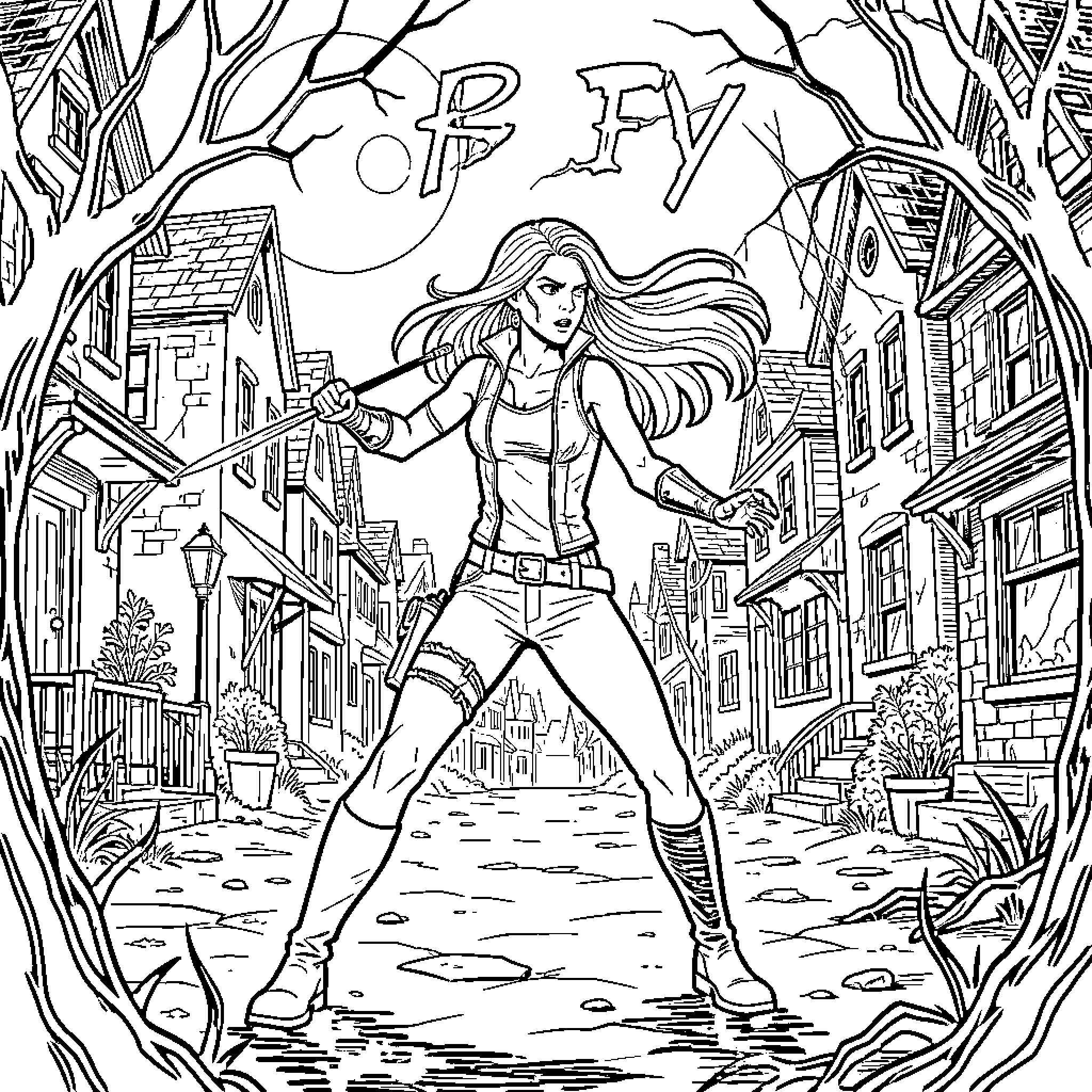Buffy the Vampire Slayer in Action Coloring Page (free black-and-white line drawing printable PDF for all, from beginners to advanced learners, including children, teens, adults, and seniors)
