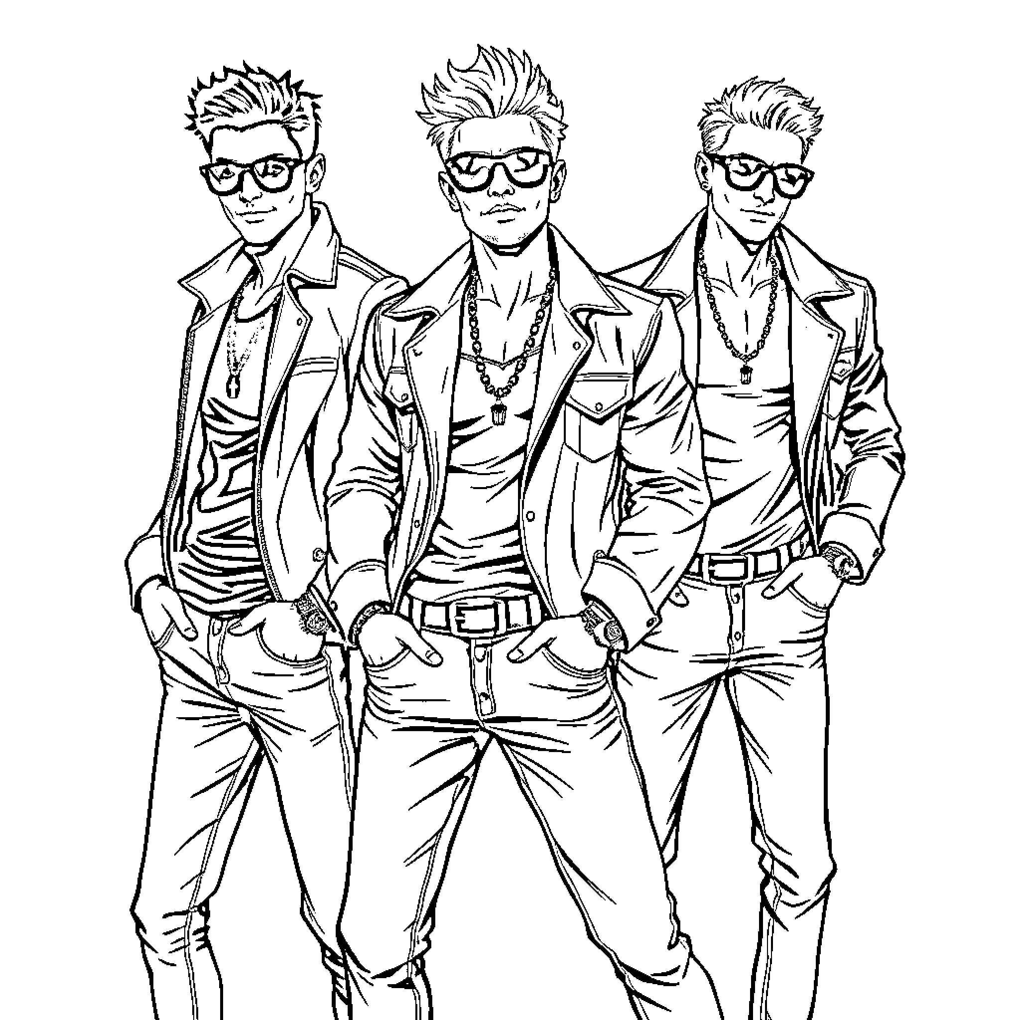 Man in stylish fashion poses with friends Coloring Page (free black-and-white line drawing printable PDF for all, from beginners to advanced learners, including children, teens, adults, and seniors)