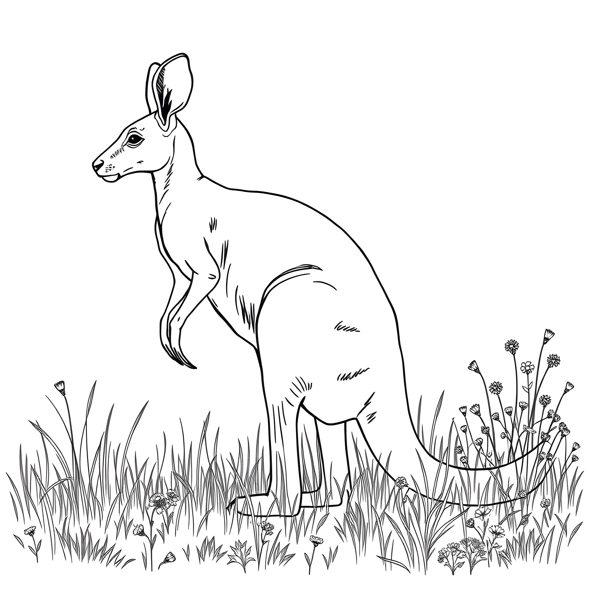 Kangaroo hopping through a floral meadow Coloring Page (free black-and-white line drawing printable PDF for all, from beginners to advanced learners, including children, teens, adults, and seniors)