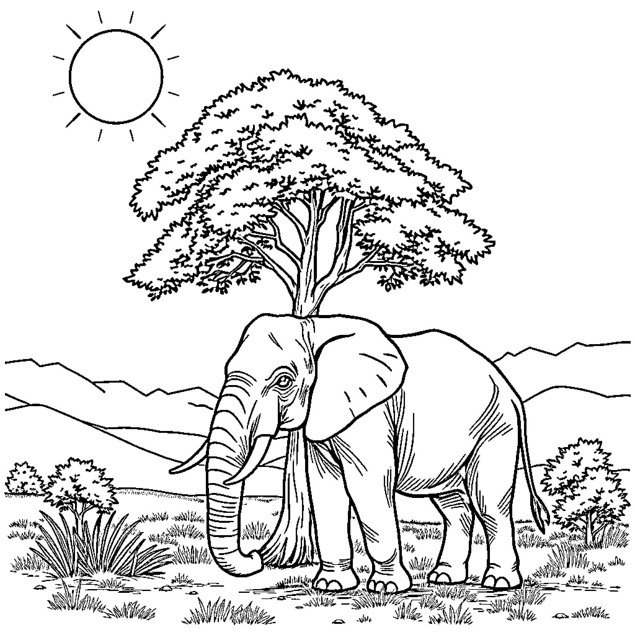 Elephant standing under a tree in the savanna Coloring Page (free black-and-white line drawing printable PDF for all, from beginners to advanced learners, including children, teens, adults, and seniors)