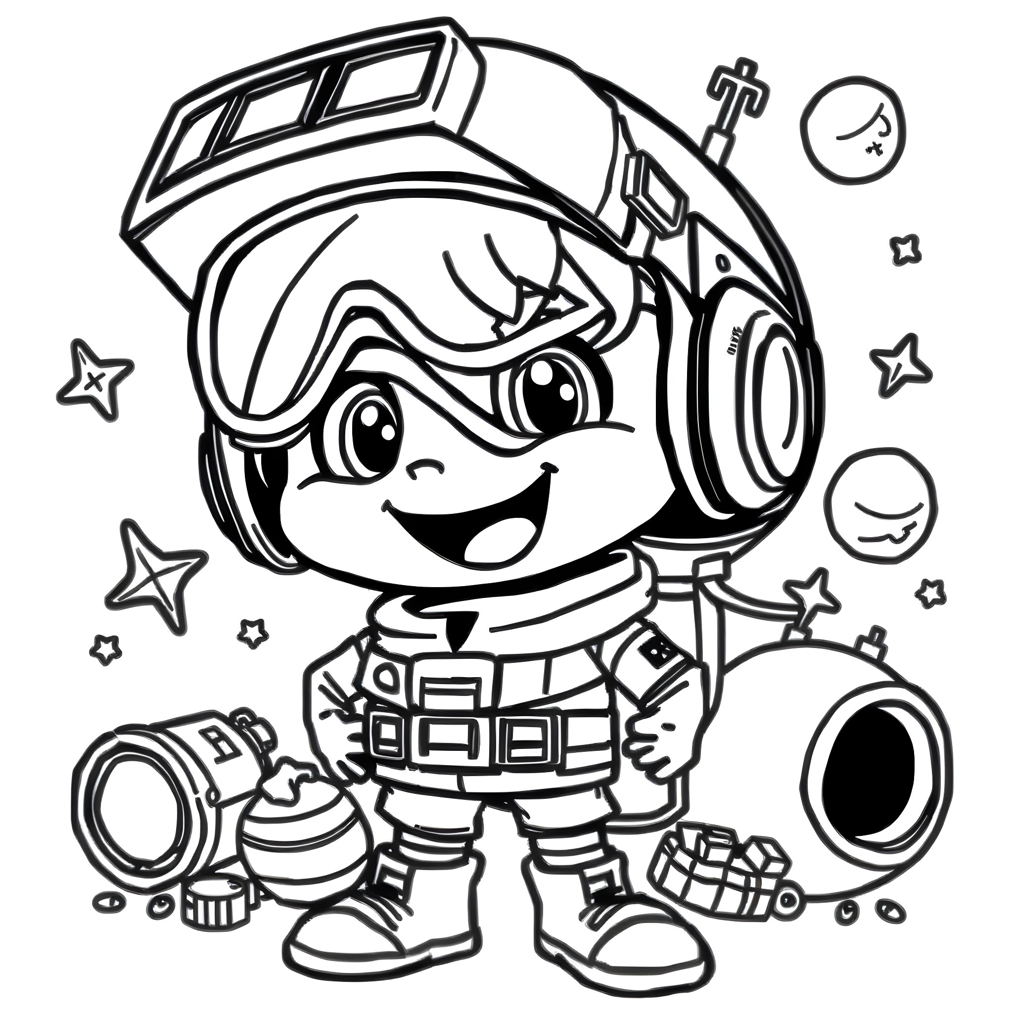 Among Us Character in Astronaut Gear with Accessories Coloring Page (free black-and-white line drawing printable PDF for all, from beginners to advanced learners, including children, teens, adults, and seniors)