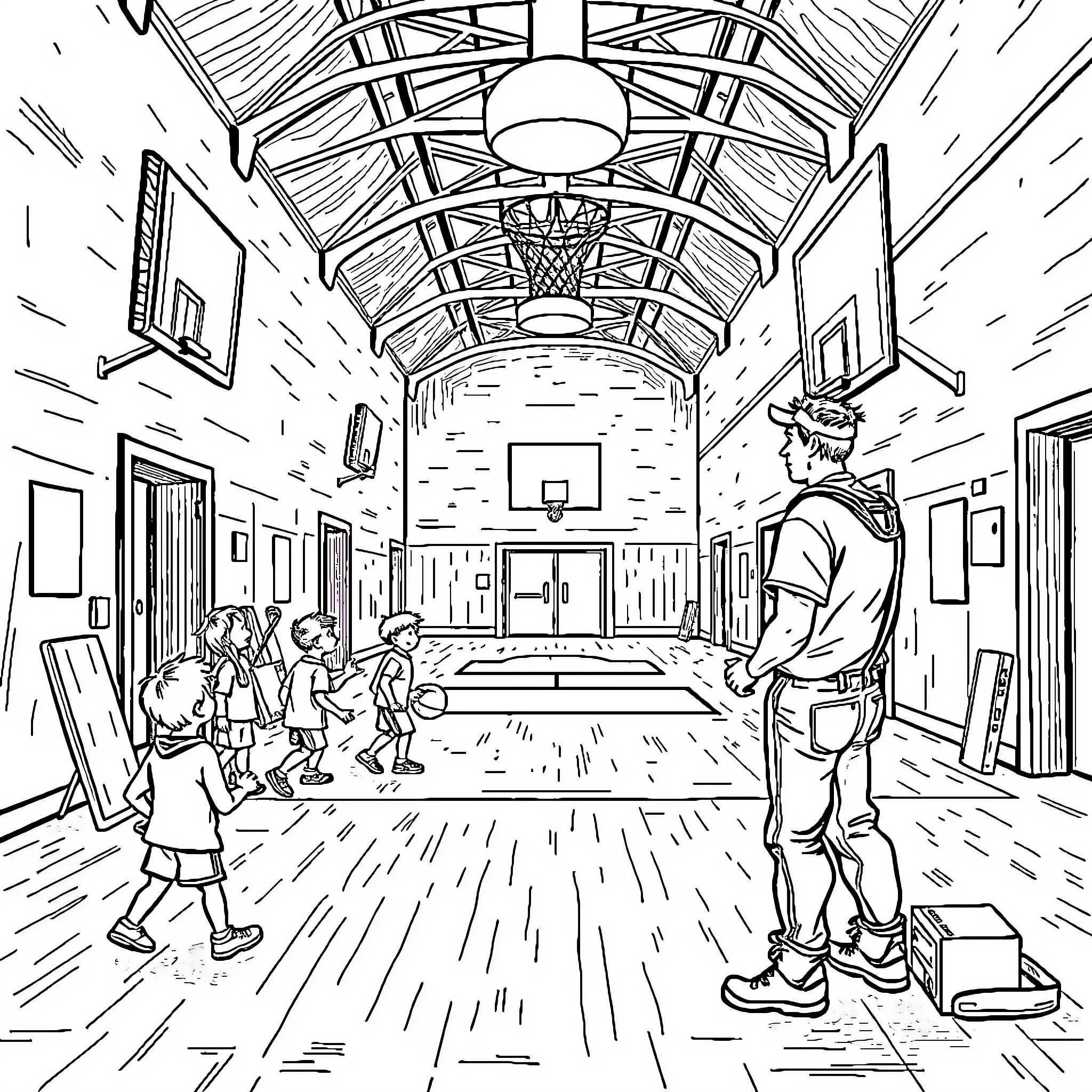 Handyman supervising children's activities in a gymnasium Coloring Page (free black-and-white line drawing printable PDF for all, from beginners to advanced learners, including children, teens, adults, and seniors)