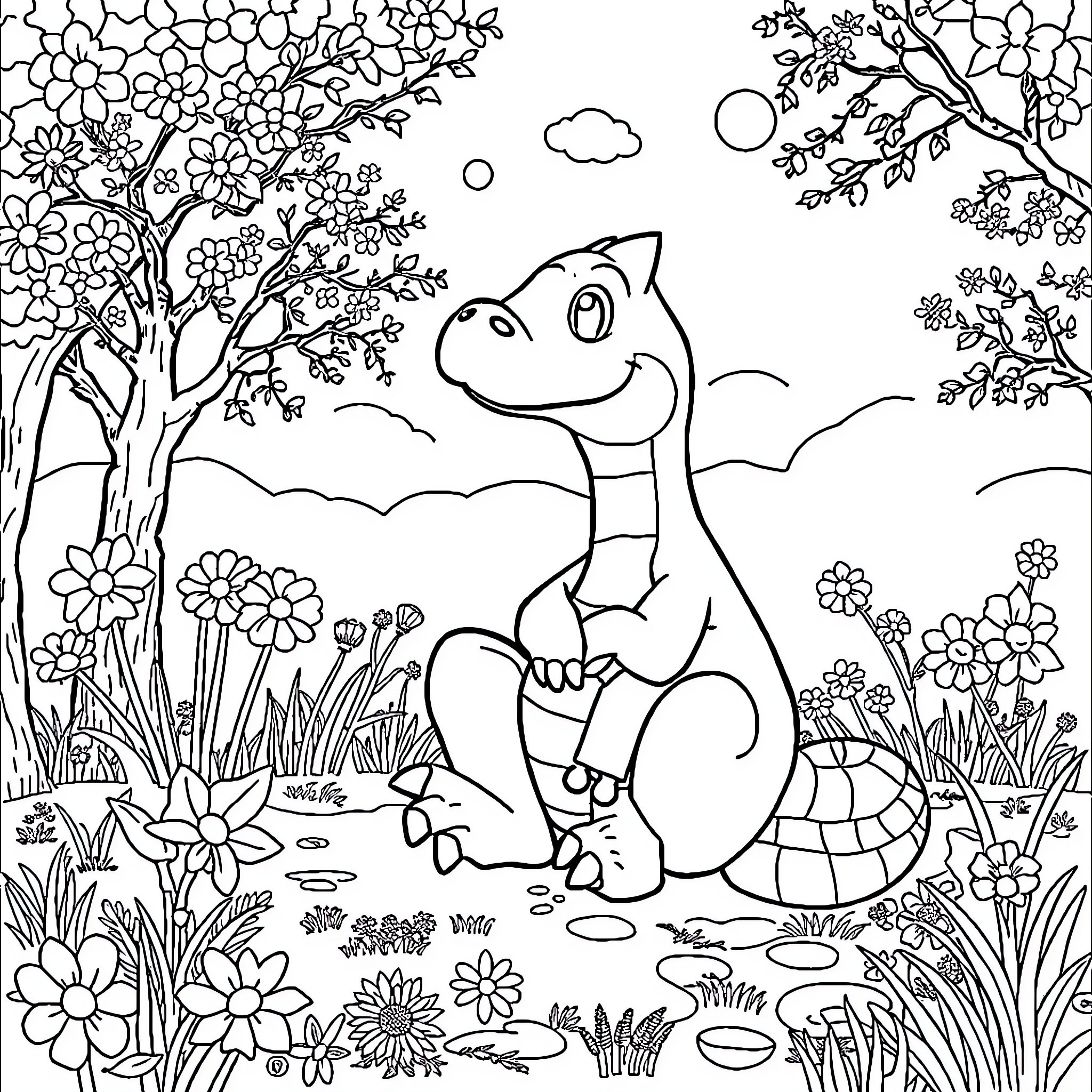 Dragon in a Serene Nature Landscape Coloring Page (free black-and-white line drawing printable PDF for all, from beginners to advanced learners, including children, teens, adults, and seniors)