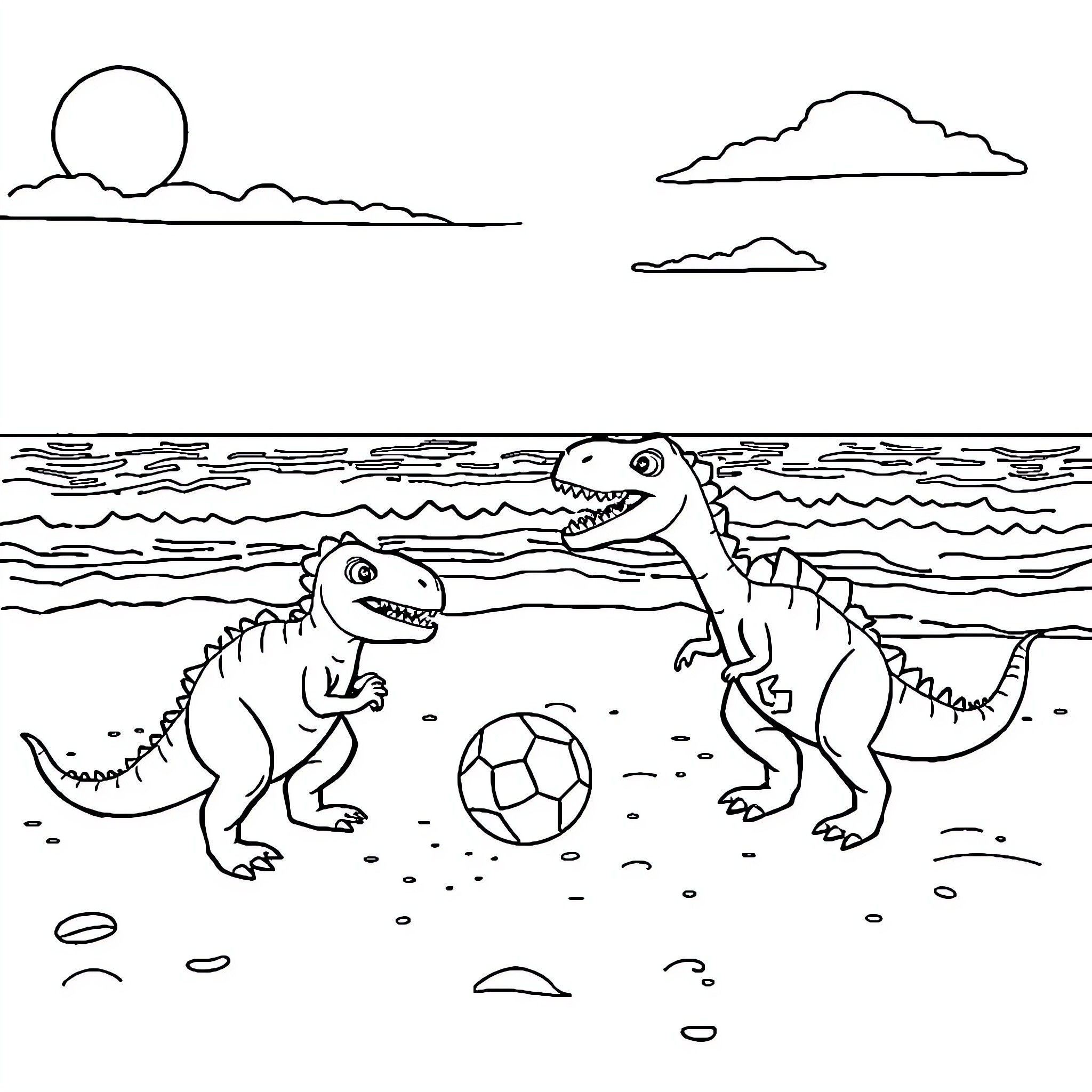 Dinosaurs playing with soccer ball on the beach Coloring Page (free black-and-white line drawing printable PDF for all, from beginners to advanced learners, including children, teens, adults, and seniors)