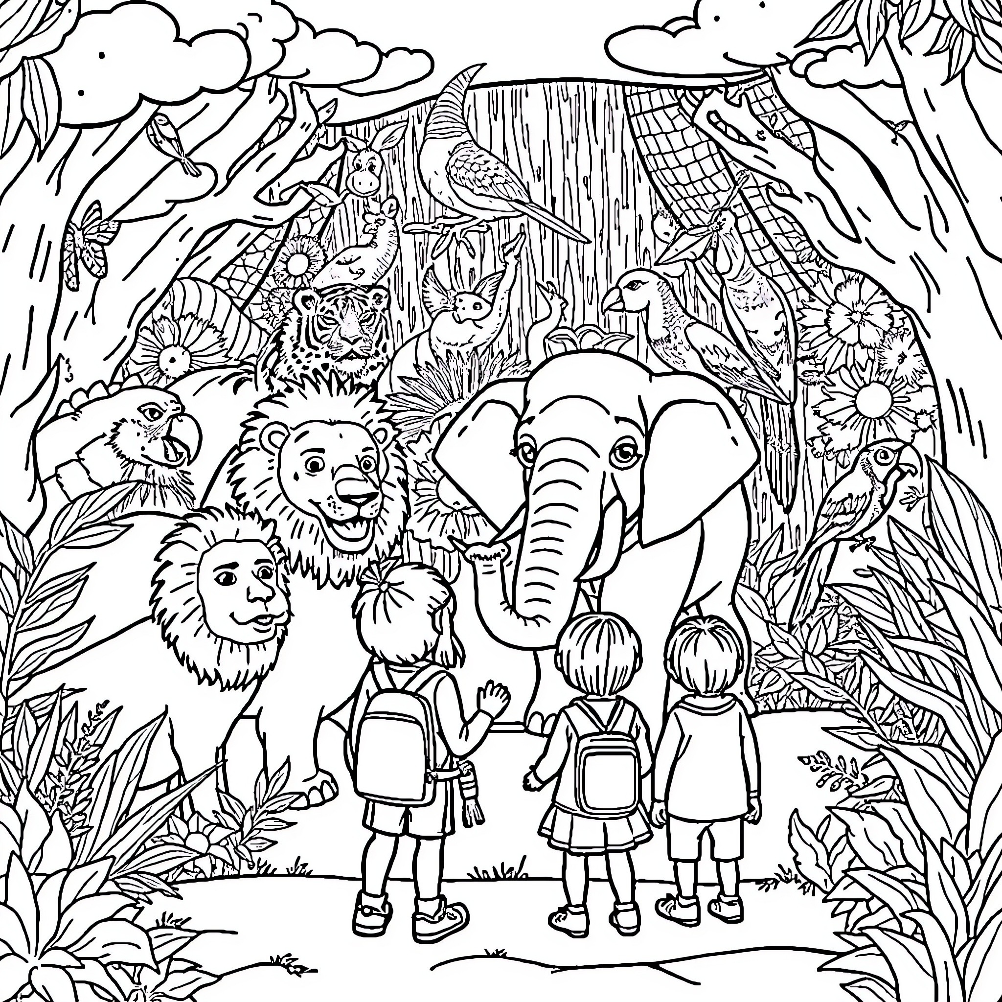 Child's Imaginative Adventure in the Jungle Coloring Page (free black-and-white line drawing printable PDF for all, from beginners to advanced learners, including children, teens, adults, and seniors)