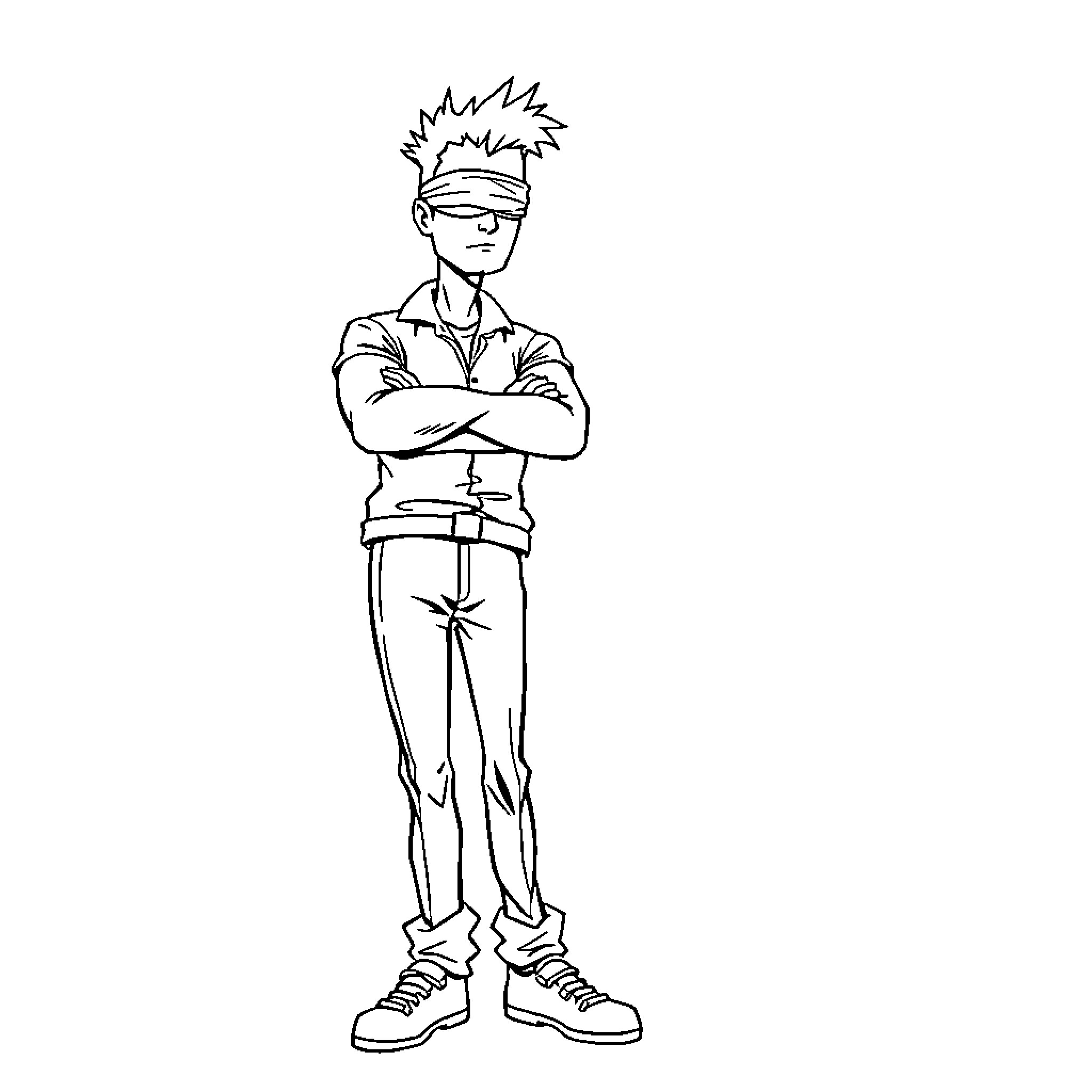 Gojo standing with crossed arms and determined expression Coloring Page (free black-and-white line drawing printable PDF for all, from beginners to advanced learners, including children, teens, adults, and seniors)