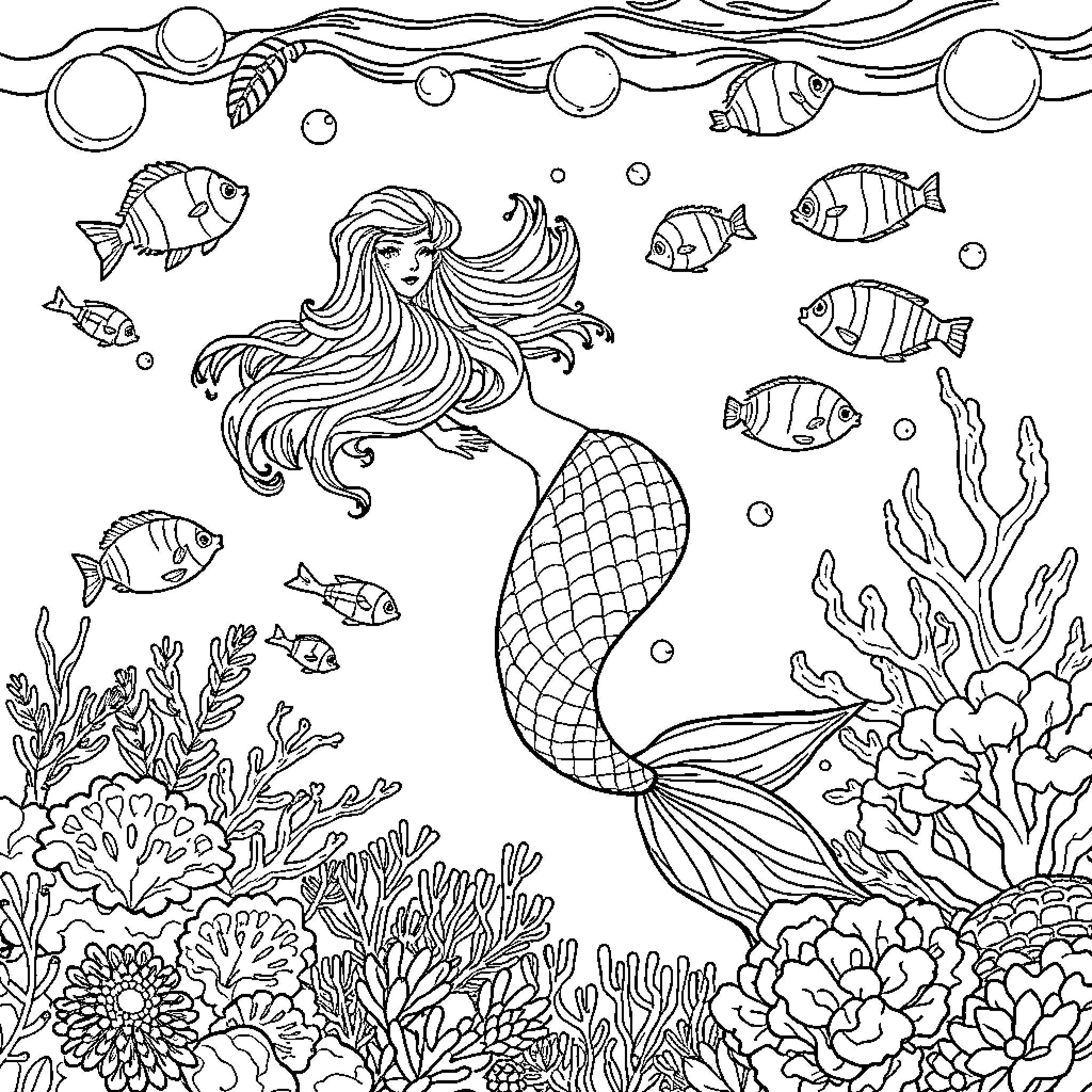 Mermaid exploring the underwater coral reef Coloring Page (free black-and-white line drawing printable PDF for all, from beginners to advanced learners, including children, teens, adults, and seniors)