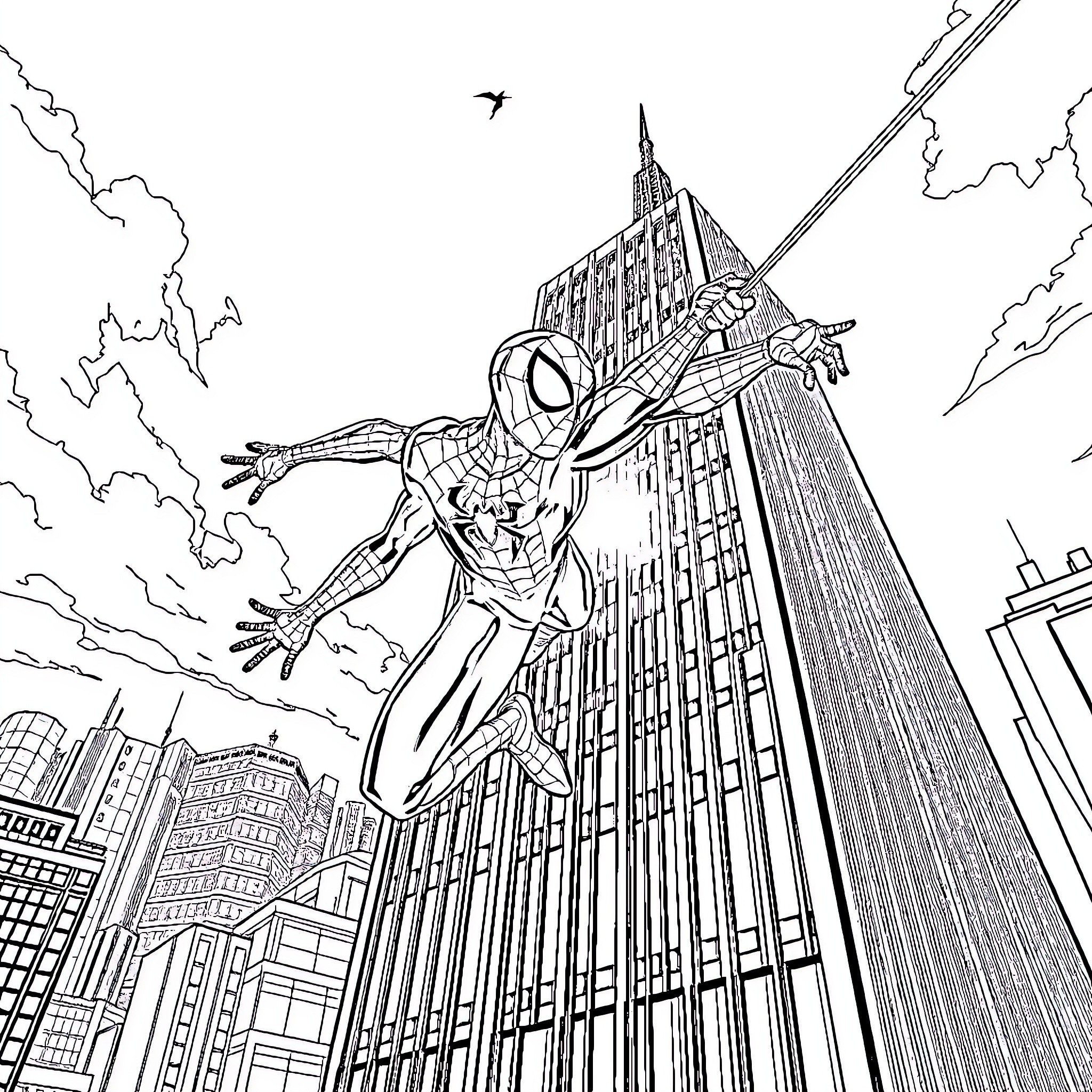 Spiderman swinging through the city skyline Coloring Page (free black-and-white line drawing printable PDF for all, from beginners to advanced learners, including children, teens, adults, and seniors)