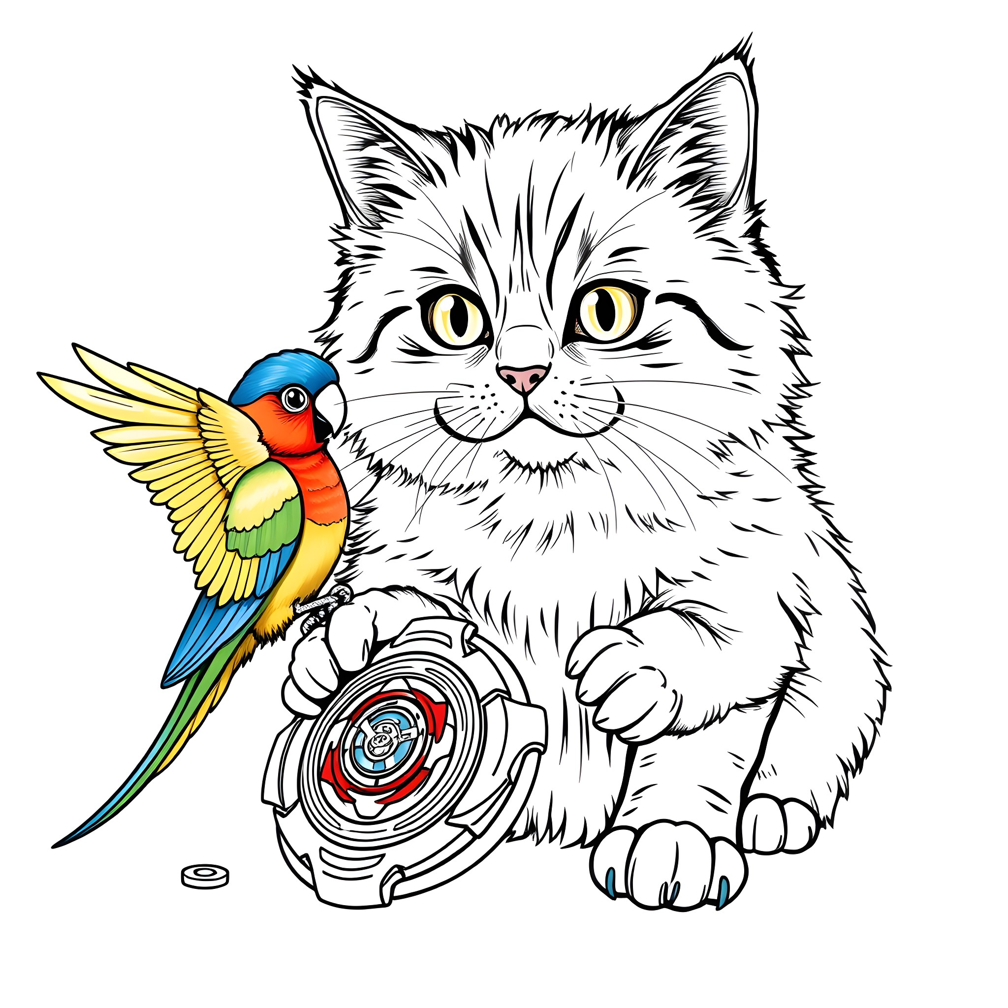 Cat playing with colorful parrot toy Coloring Page (free black-and-white line drawing printable PDF for all, from beginners to advanced learners, including children, teens, adults, and seniors)